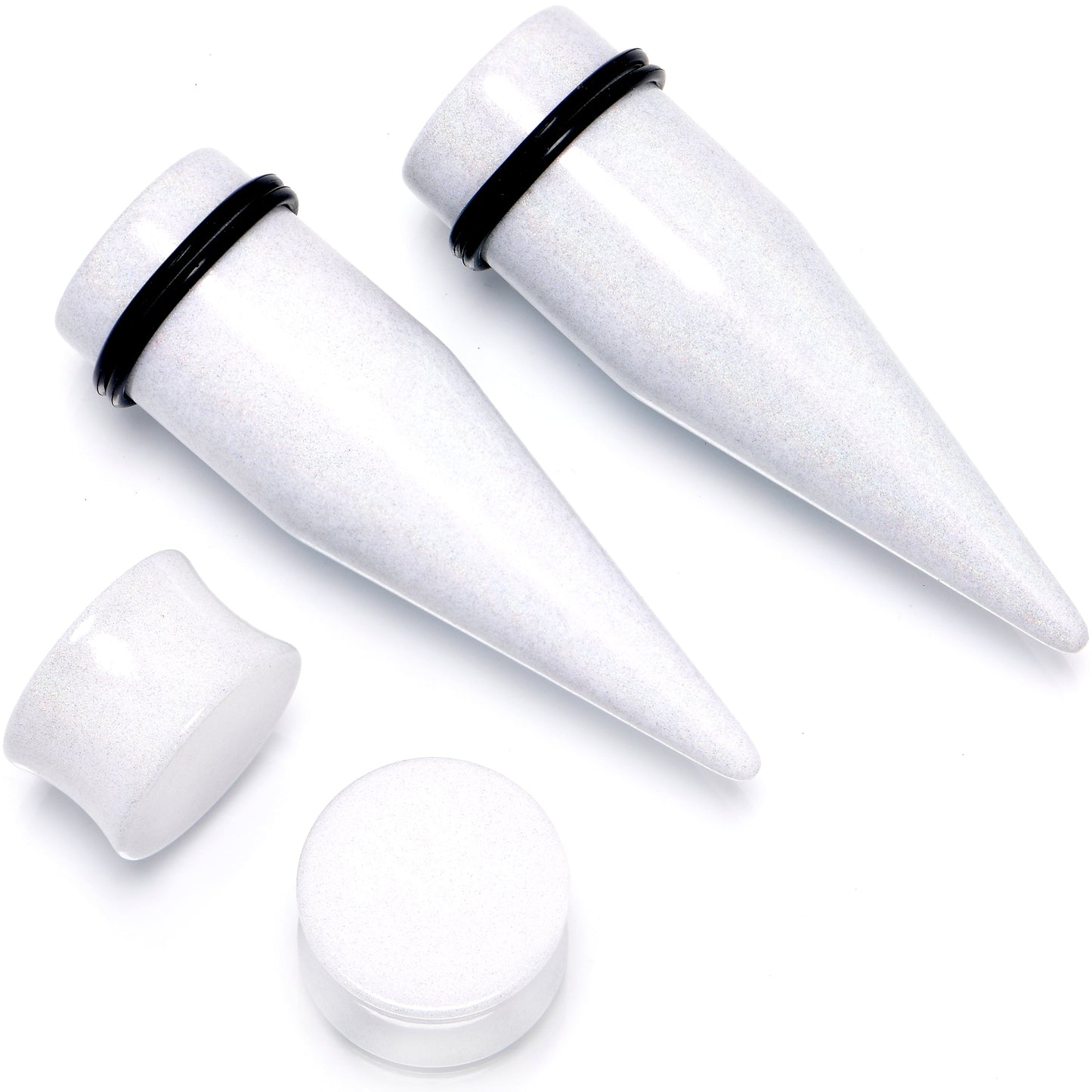 White Acrylic Shimmer Finish Taper Plug Set 6mm to 20mm Sizes