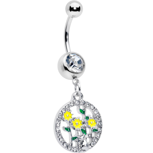 Clear Gem Cat Yellow Flowers Dangle Belly Ring