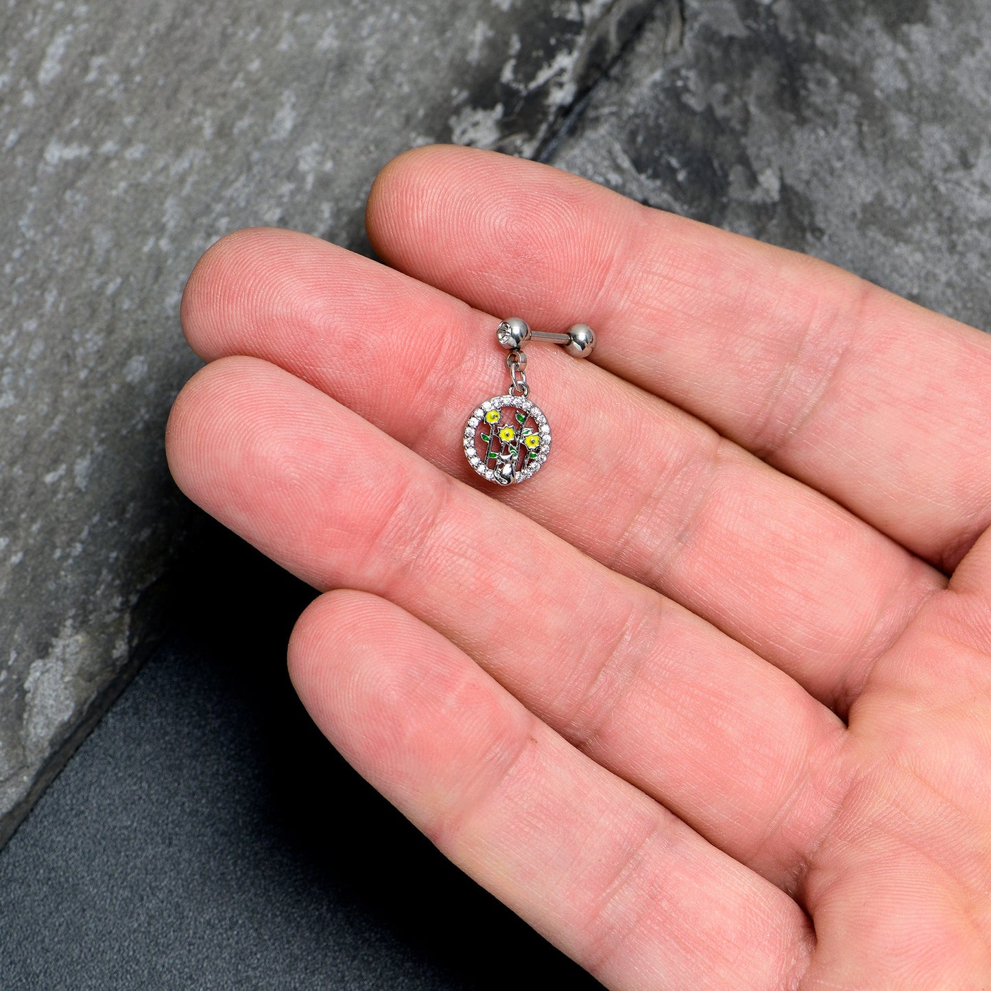 16G 1/4 Clear Gem Cat Yellow Flowers Dangle Cartilage Earring