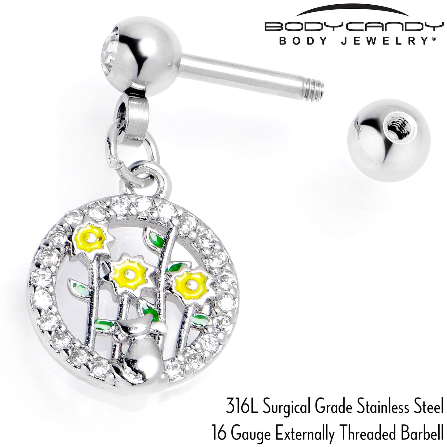 16G 1/4 Clear Gem Cat Yellow Flowers Dangle Cartilage Earring