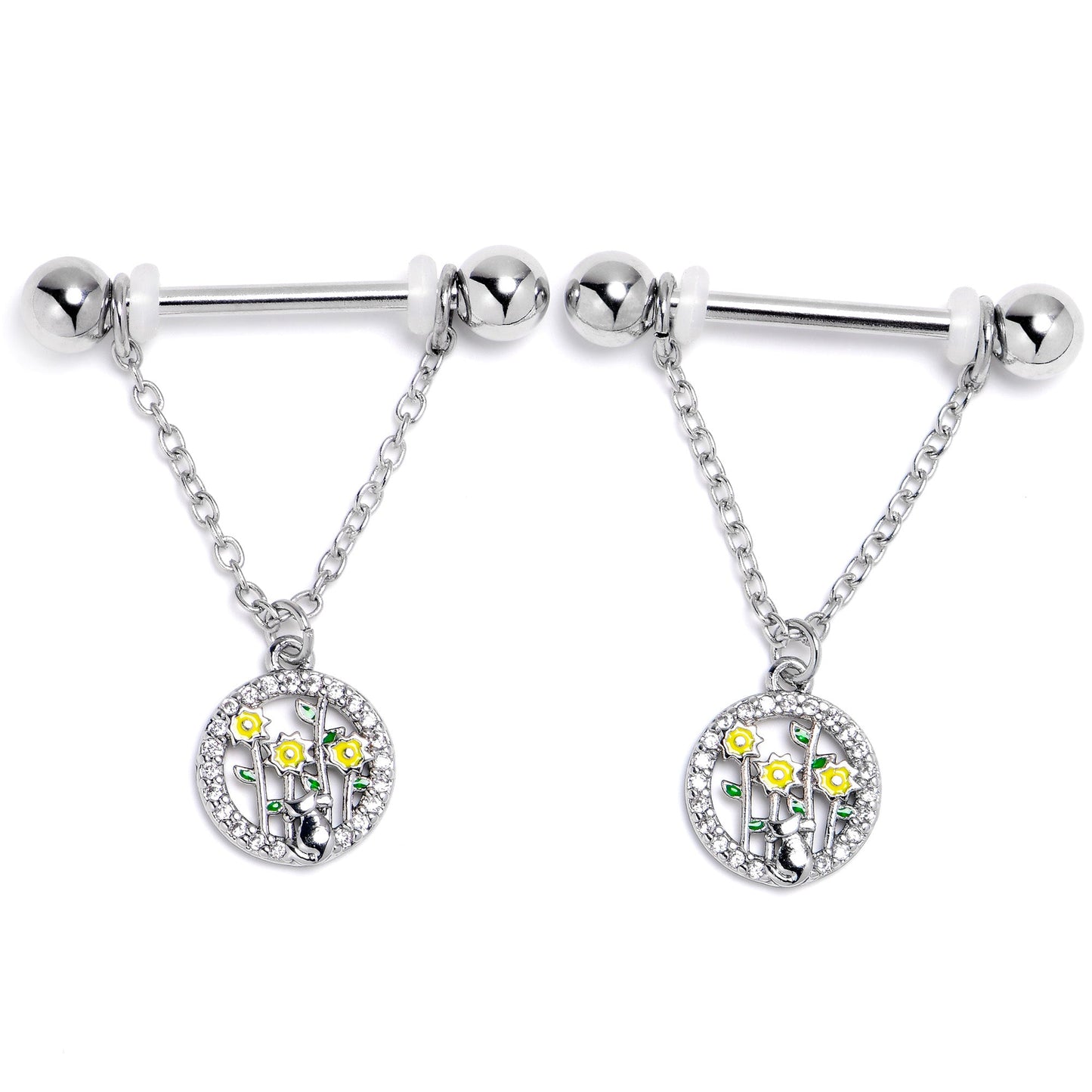 14G 9/16 Clear Gem Cat Yellow Flowers Chain Dangle Nipple Ring Set