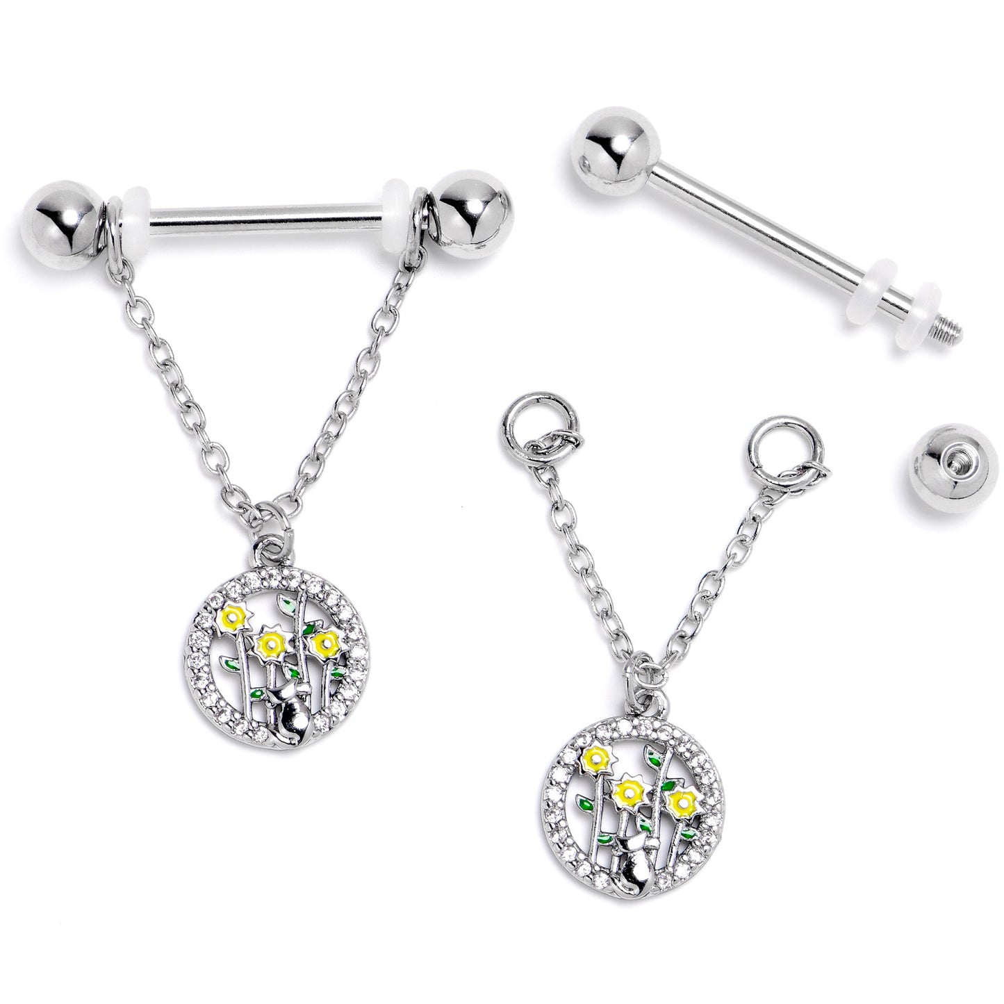 14G 9/16 Clear Gem Cat Yellow Flowers Chain Dangle Nipple Ring Set