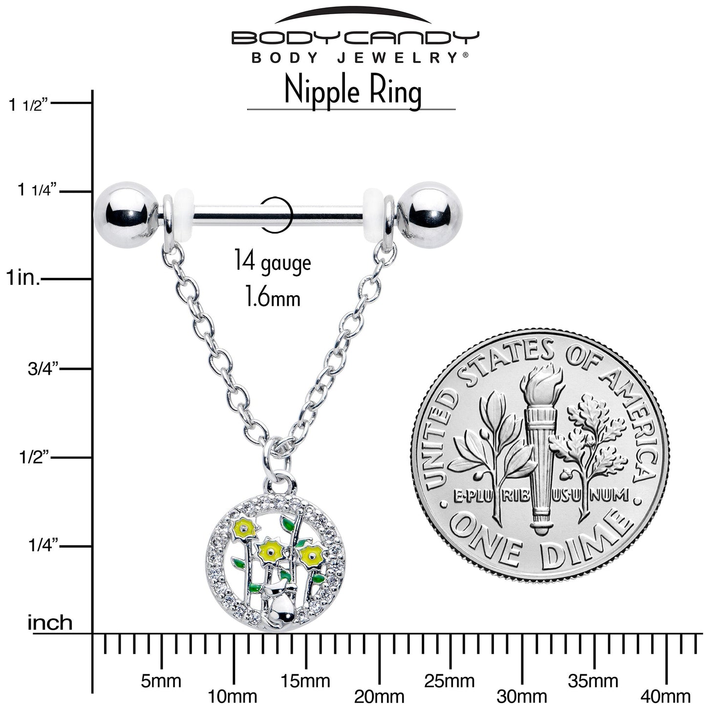 14G 9/16 Clear Gem Cat Yellow Flowers Chain Dangle Nipple Ring Set