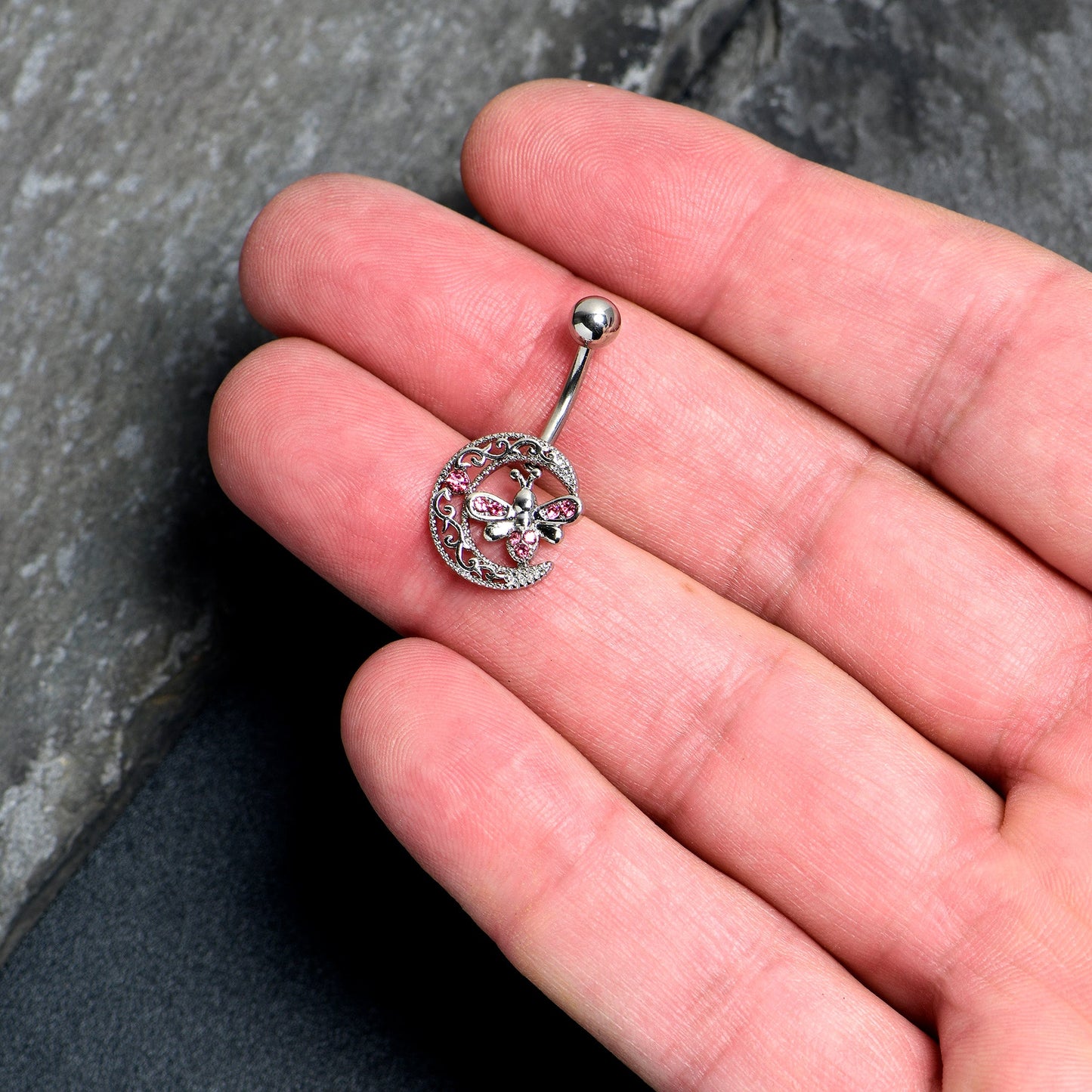 Pink Gem Lunar Dragonfly Belly Ring