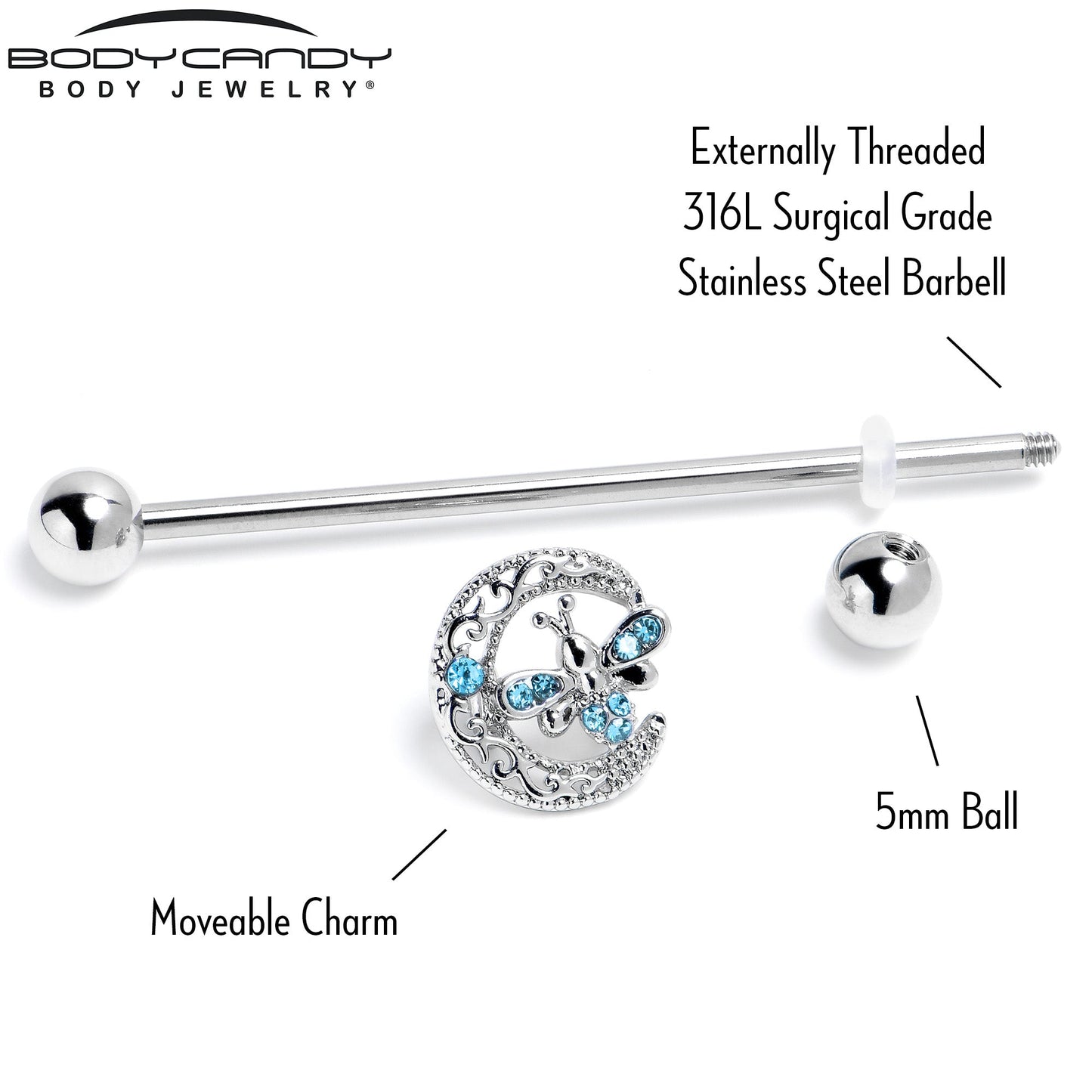 14G Blue Gem Lunar Dragonfly Industrial Barbell 38mm