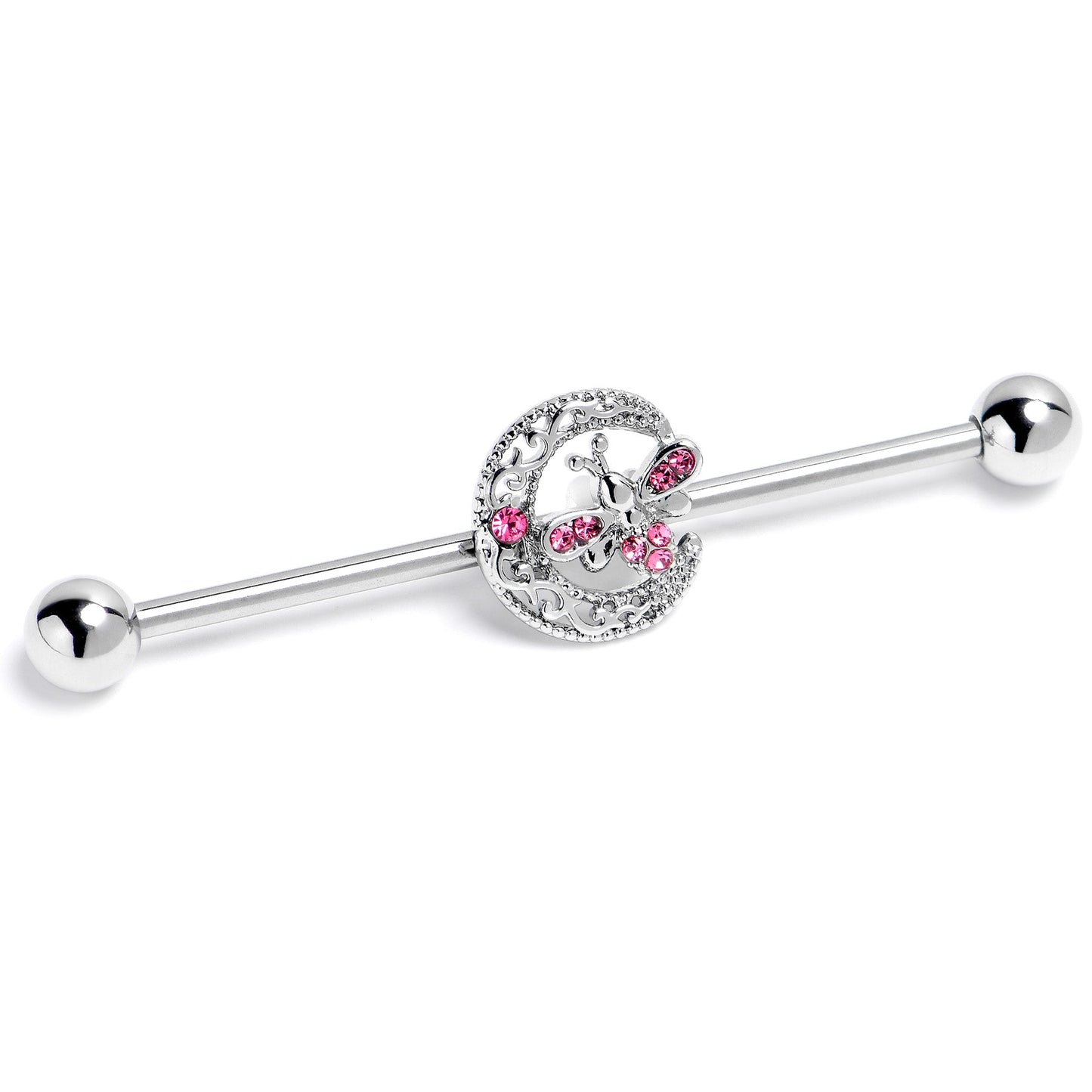 14G Pink Gem Lunar Dragonfly Industrial Barbell 38mm