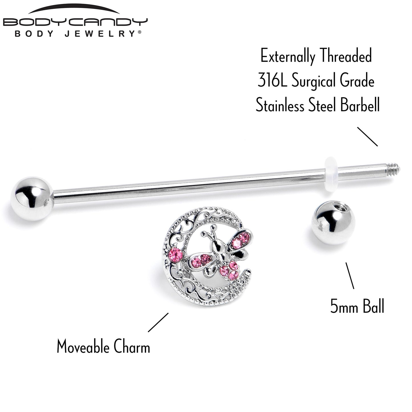 14G Pink Gem Lunar Dragonfly Industrial Barbell 38mm
