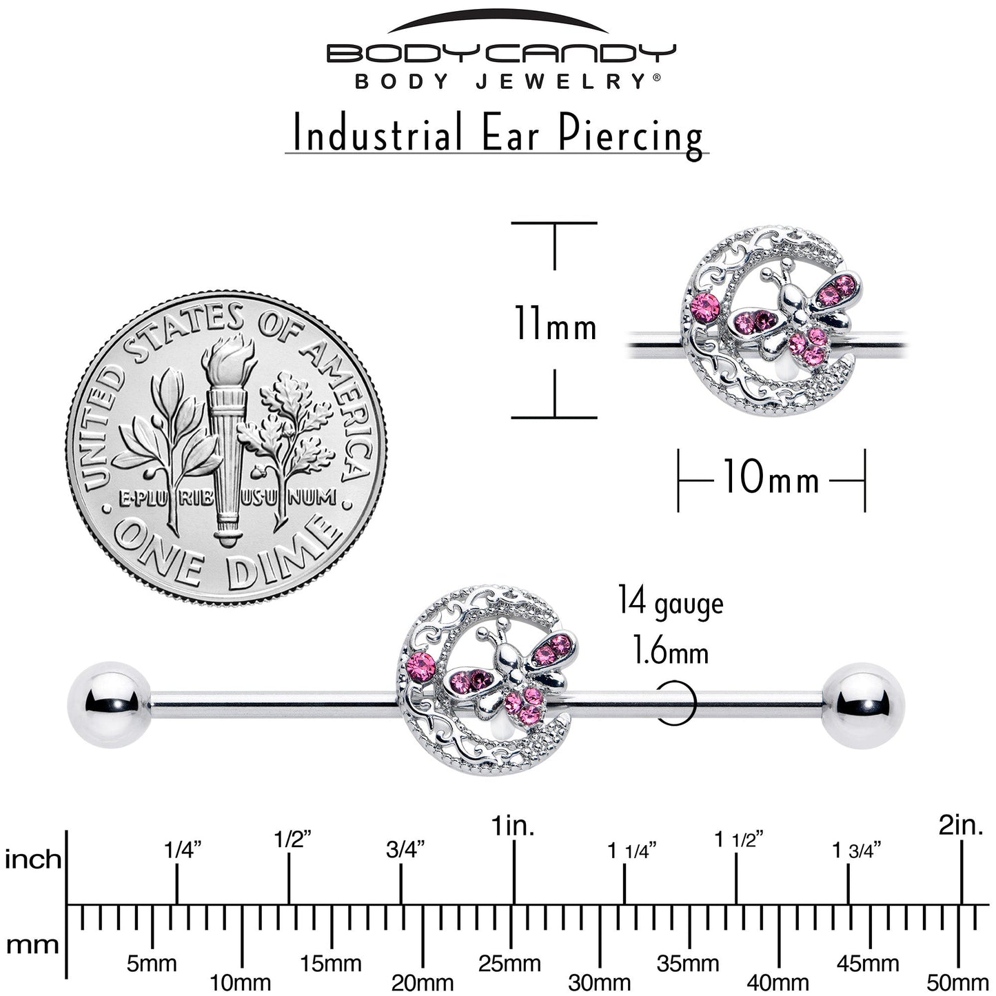 14G Pink Gem Lunar Dragonfly Industrial Barbell 38mm
