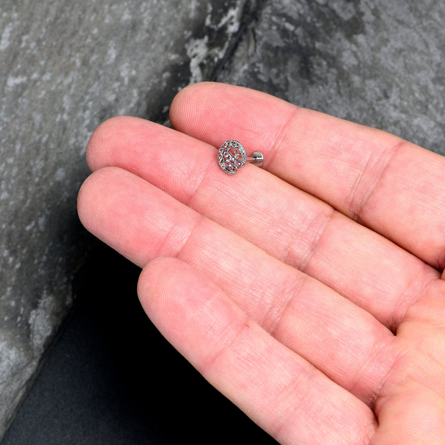 16G 5/16 Pink Gem Lunar Dragonfly Internally Threaded Labret Tragus