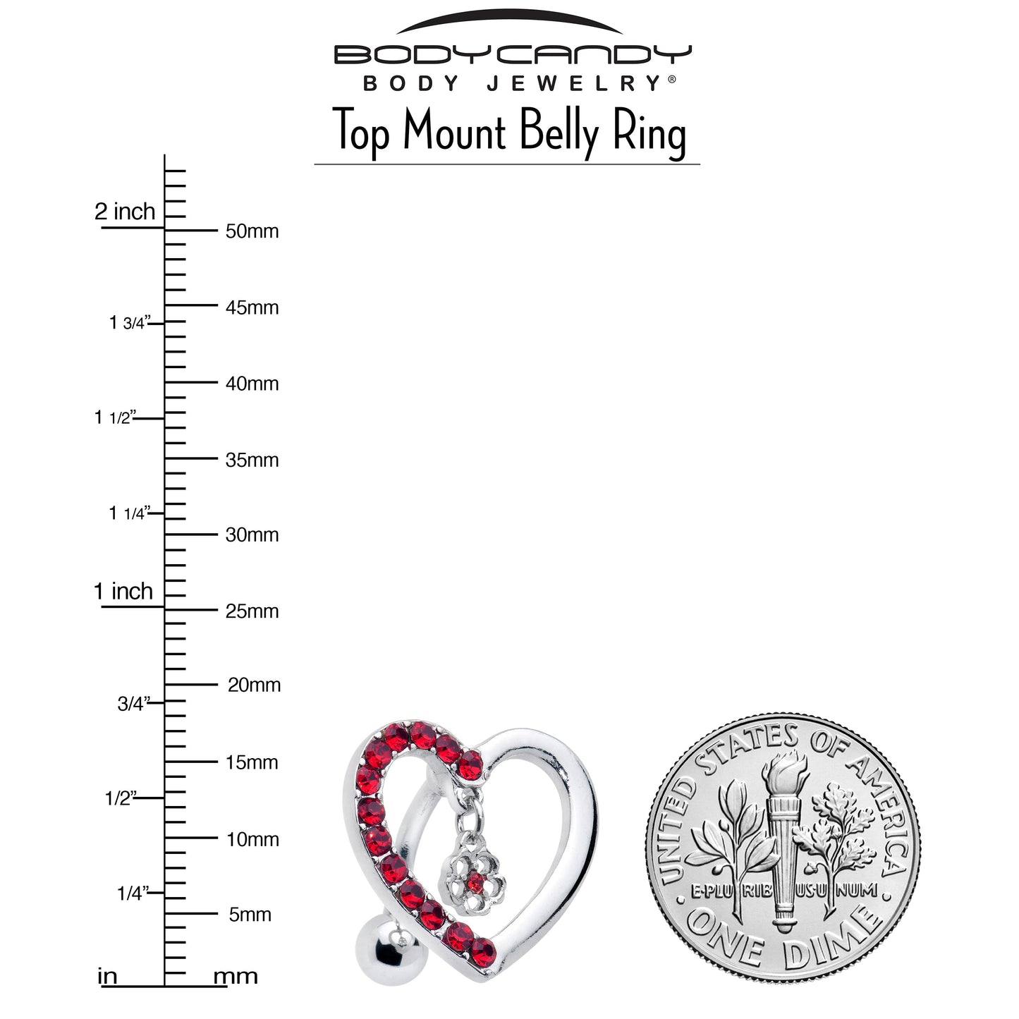 Red CZ Gem Asymmetrical Heart Flower Dangle Top Mount Belly Ring