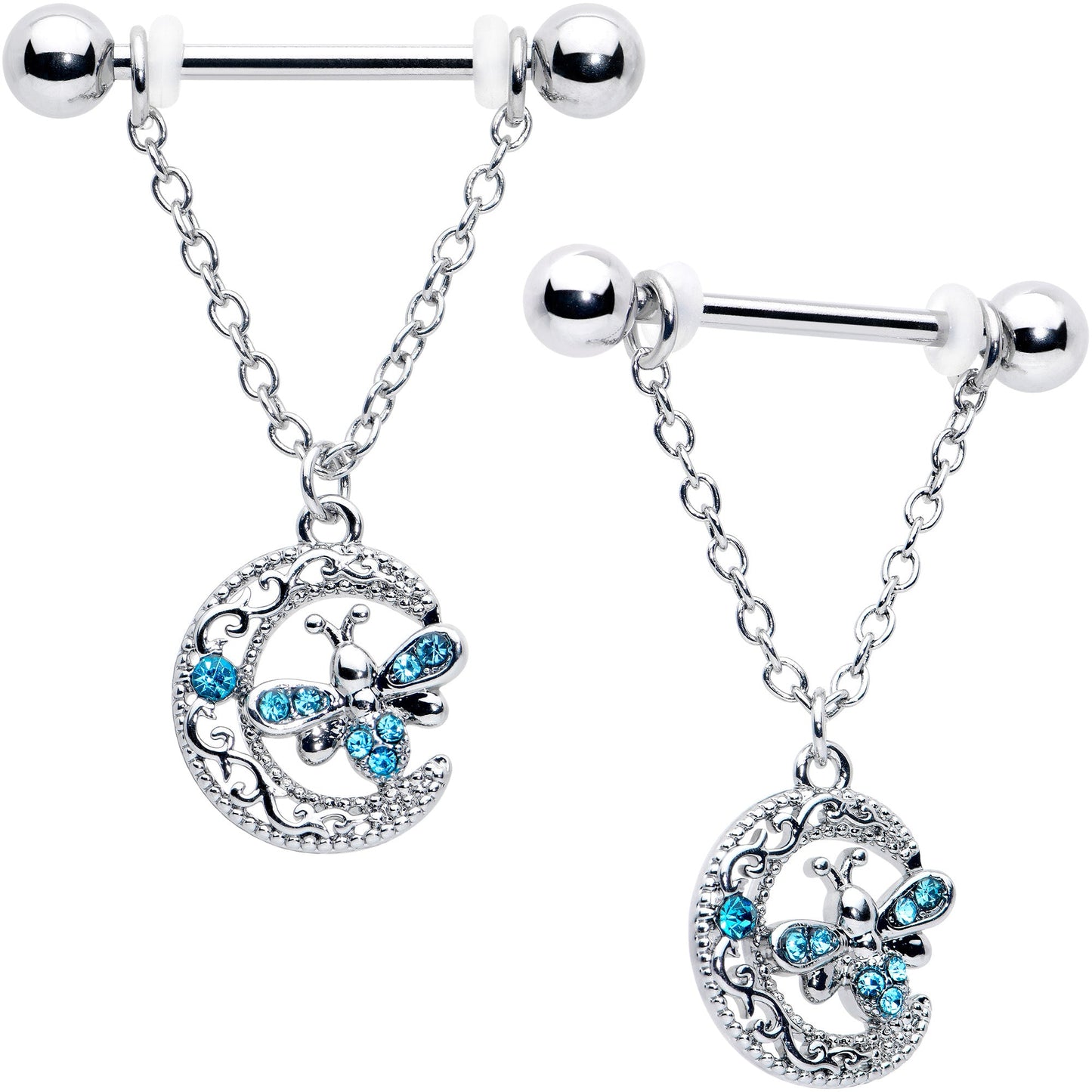 14G 9/16 Blue Gem Lunar Dragonfly Chain Dangle Nipple Ring Set