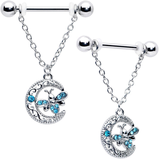 14G 9/16 Blue Gem Lunar Dragonfly Chain Dangle Nipple Ring Set