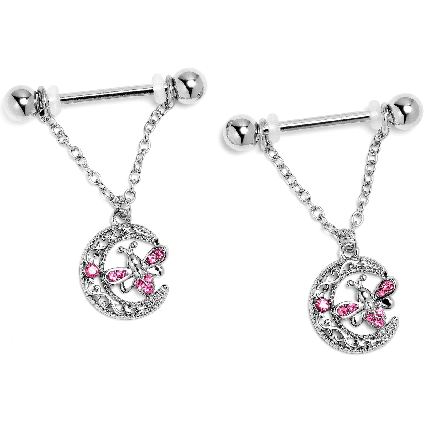 14G 9/16 Pink Gem Lunar Dragonfly Chain Dangle Nipple Ring Set