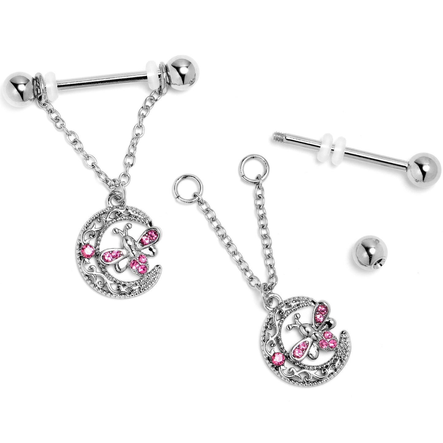 14G 9/16 Pink Gem Lunar Dragonfly Chain Dangle Nipple Ring Set