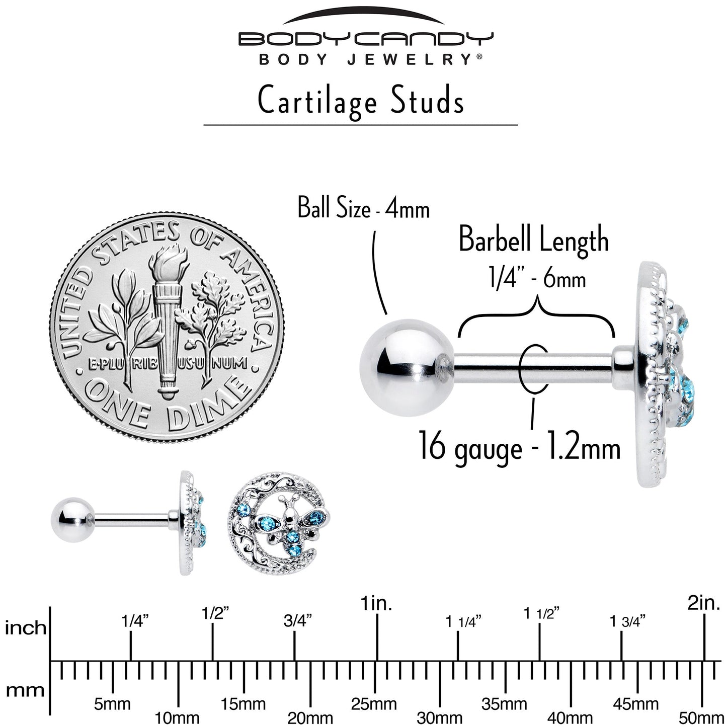 16G 1/4 Blue Gem Lunar Dragonfly Cartilage Tragus Earring