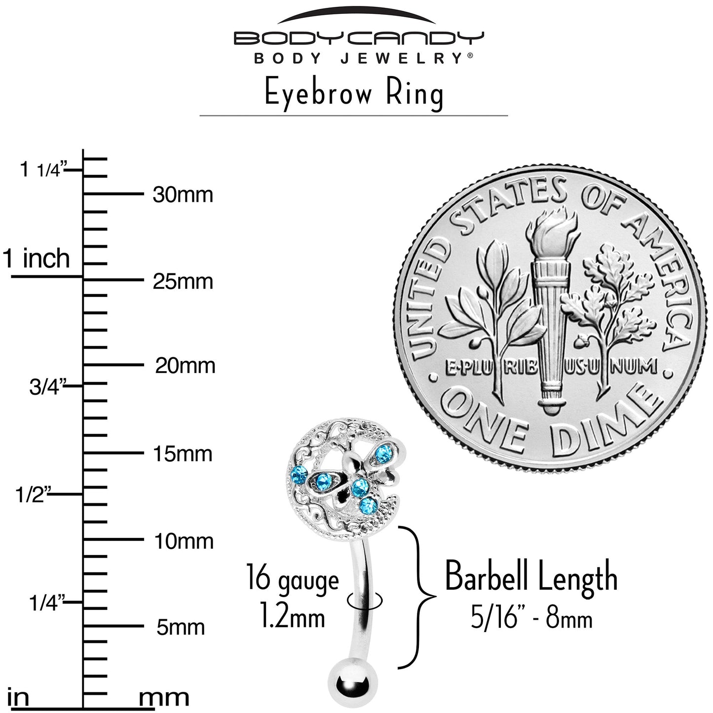 16G 5/16 Blue Gem Lunar Dragonfly Curved Eyebrow Ring