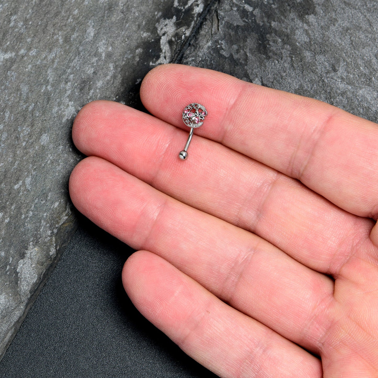 16G 5/16 Pink Gem Lunar Dragonfly Curved Eyebrow Ring