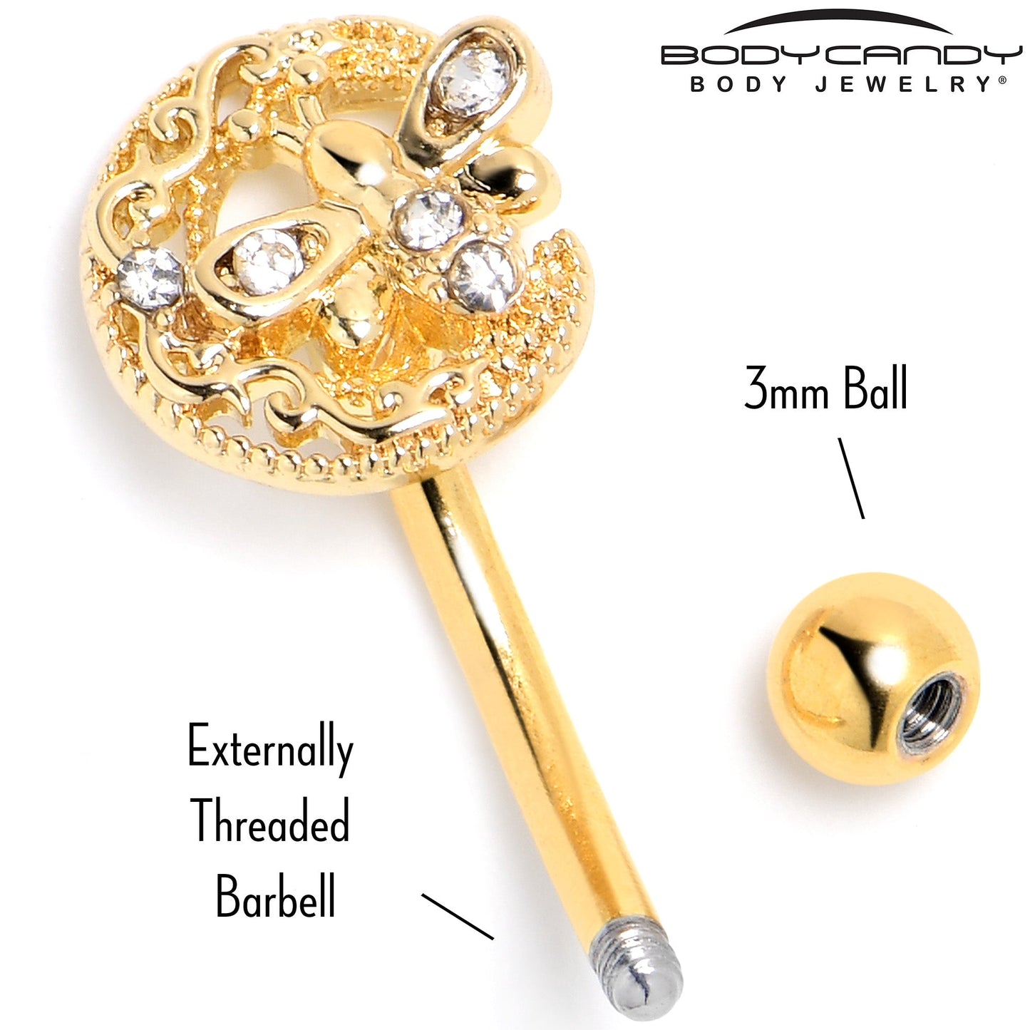 16G 5/16 Clear Gem Gold Tone Lunar Dragonfly Curved Eyebrow Ring