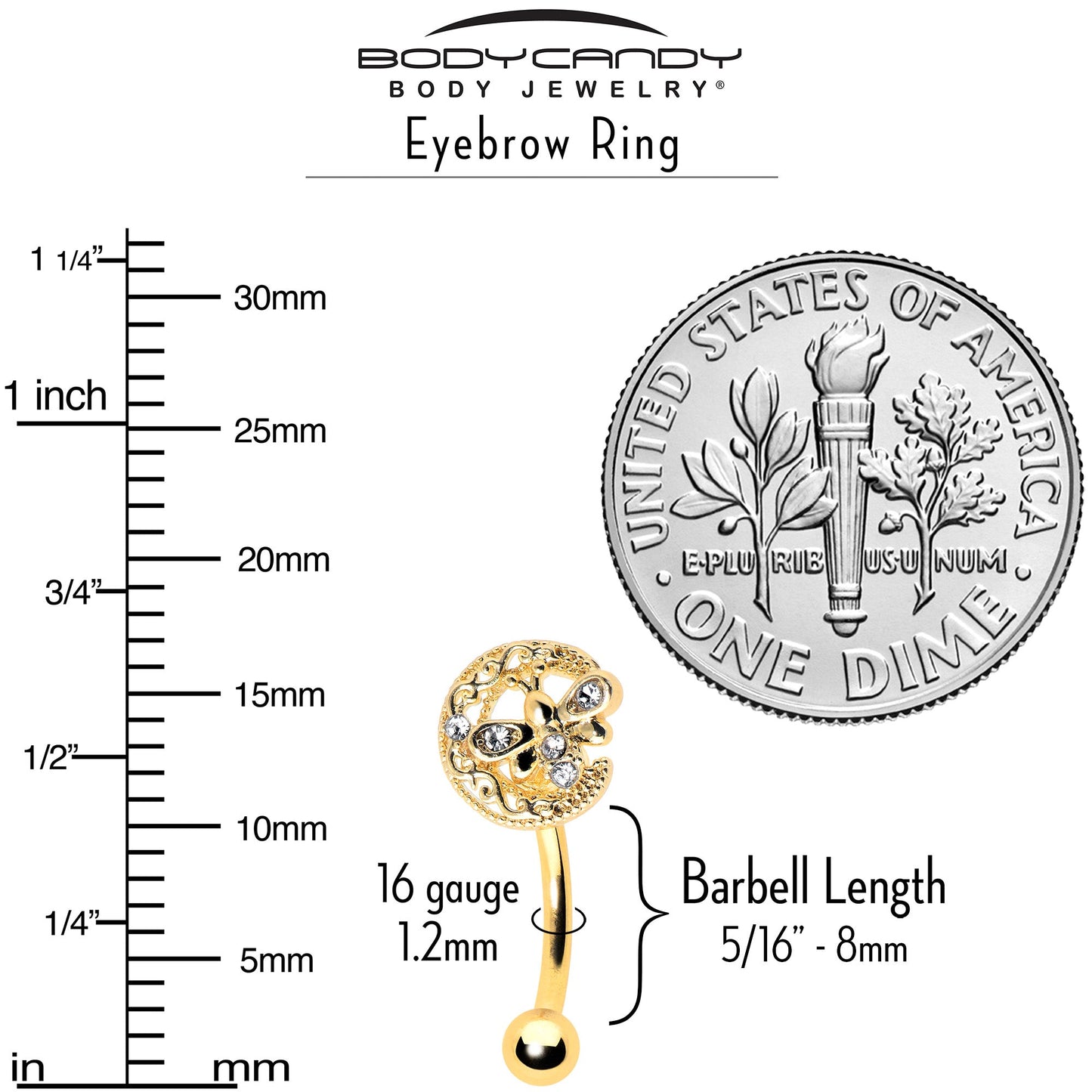 16G 5/16 Clear Gem Gold Tone Lunar Dragonfly Curved Eyebrow Ring