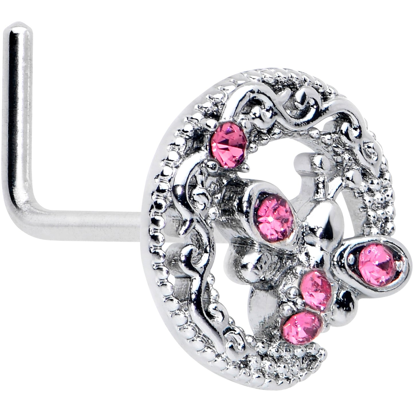 20G 7mm Pink Gem Lunar Dragonfly L Shape Nose Ring
