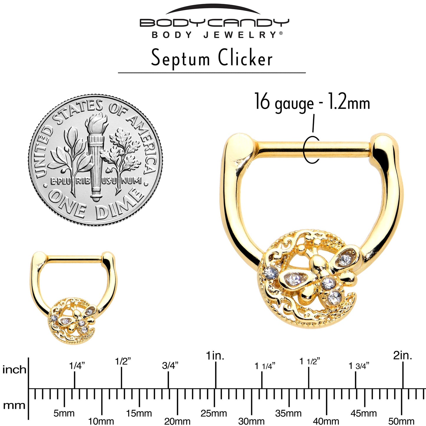 16G 5/16 Clear Gem Gold Tone Lunar Dragonfly Cartilage Clicker
