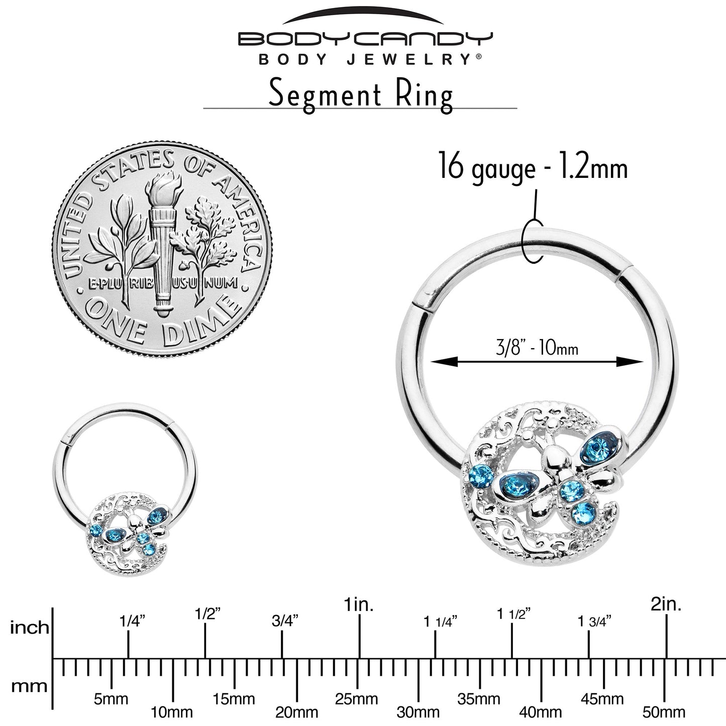 16G 3/8 Blue Gem Lunar Dragonfly Hinged Segment Ring