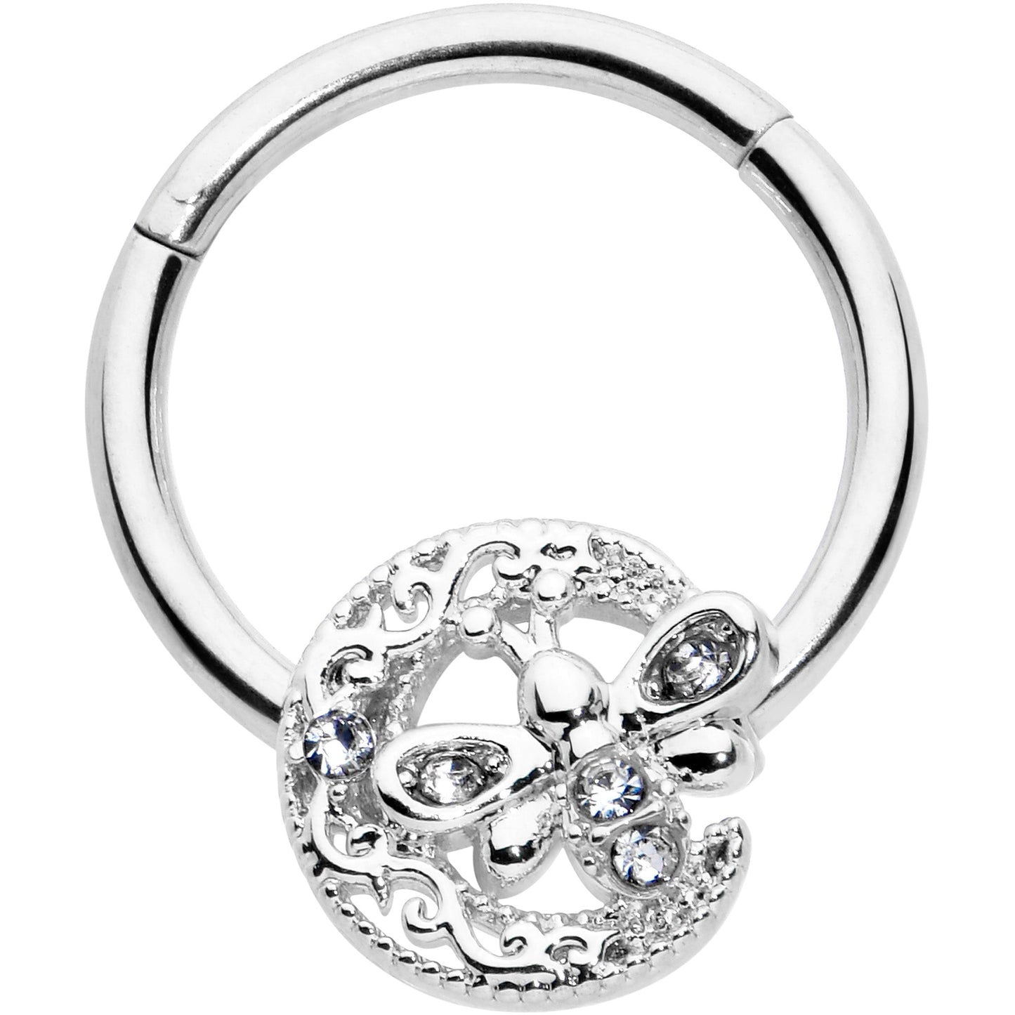 16G 3/8 Clear Gem Lunar Dragonfly Hinged Segment Ring