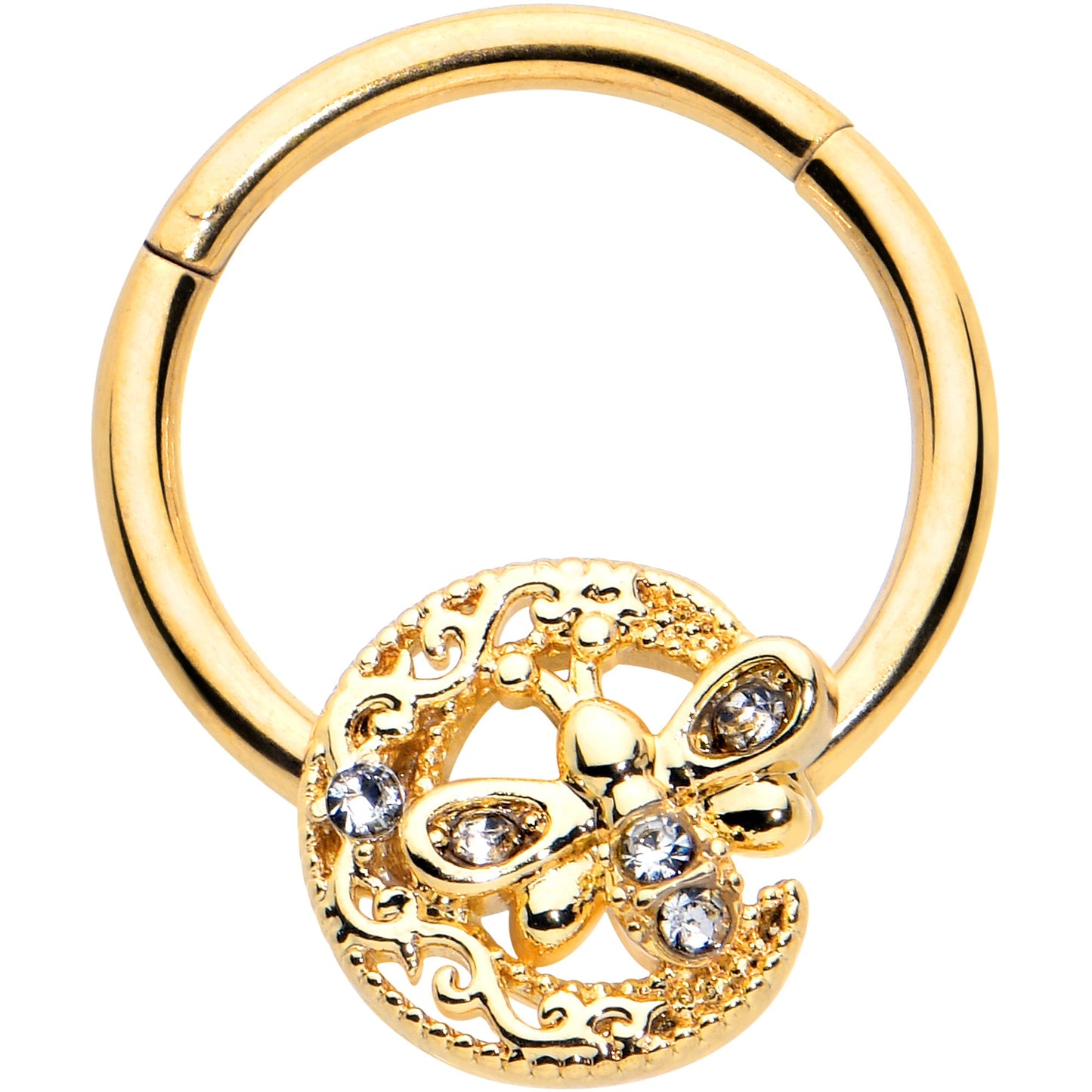 16G 3/8 Clear Gem Gold Tone Lunar Dragonfly Hinged Segment Ring