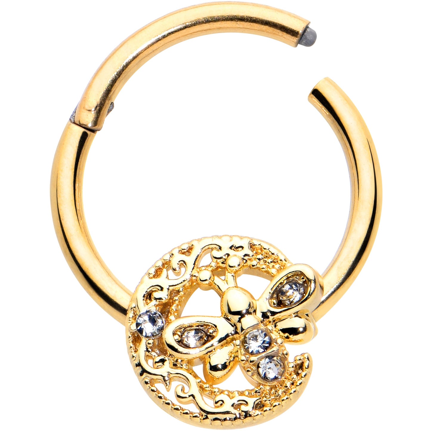 16G 3/8 Clear Gem Gold Tone Lunar Dragonfly Hinged Segment Ring