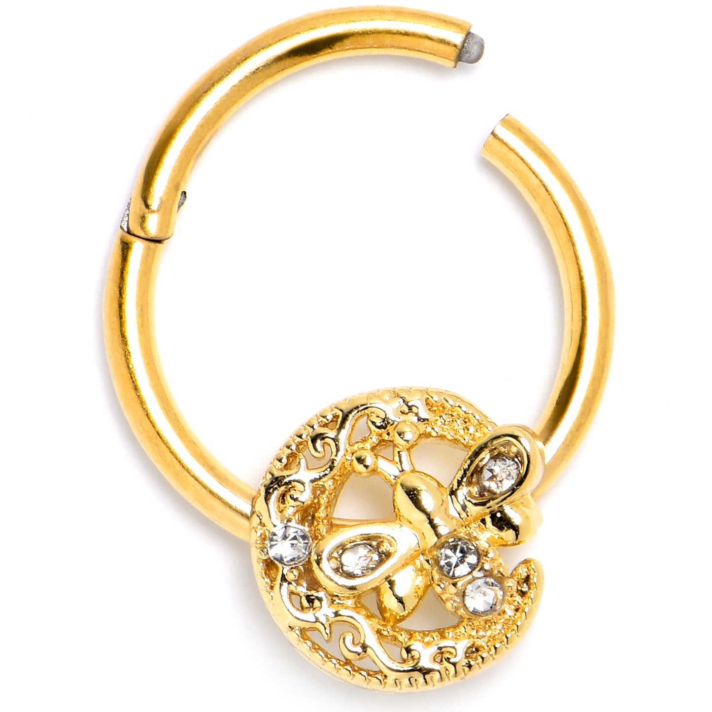 16G 3/8 Clear Gem Gold Tone Lunar Dragonfly Hinged Segment Ring