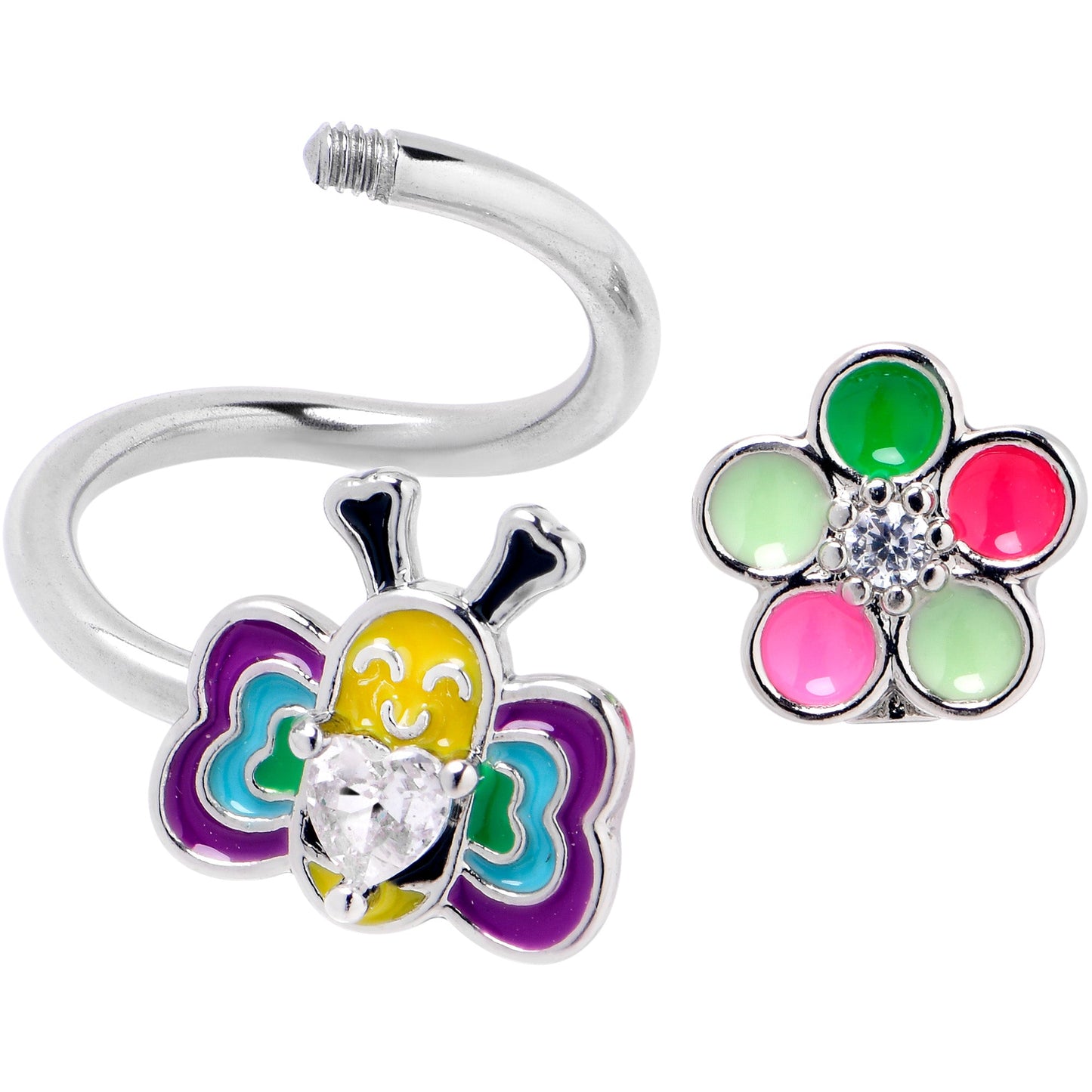 14G 3/8 Clear CZ Gem Butterfly Love Bug Spiral Twister Belly Ring