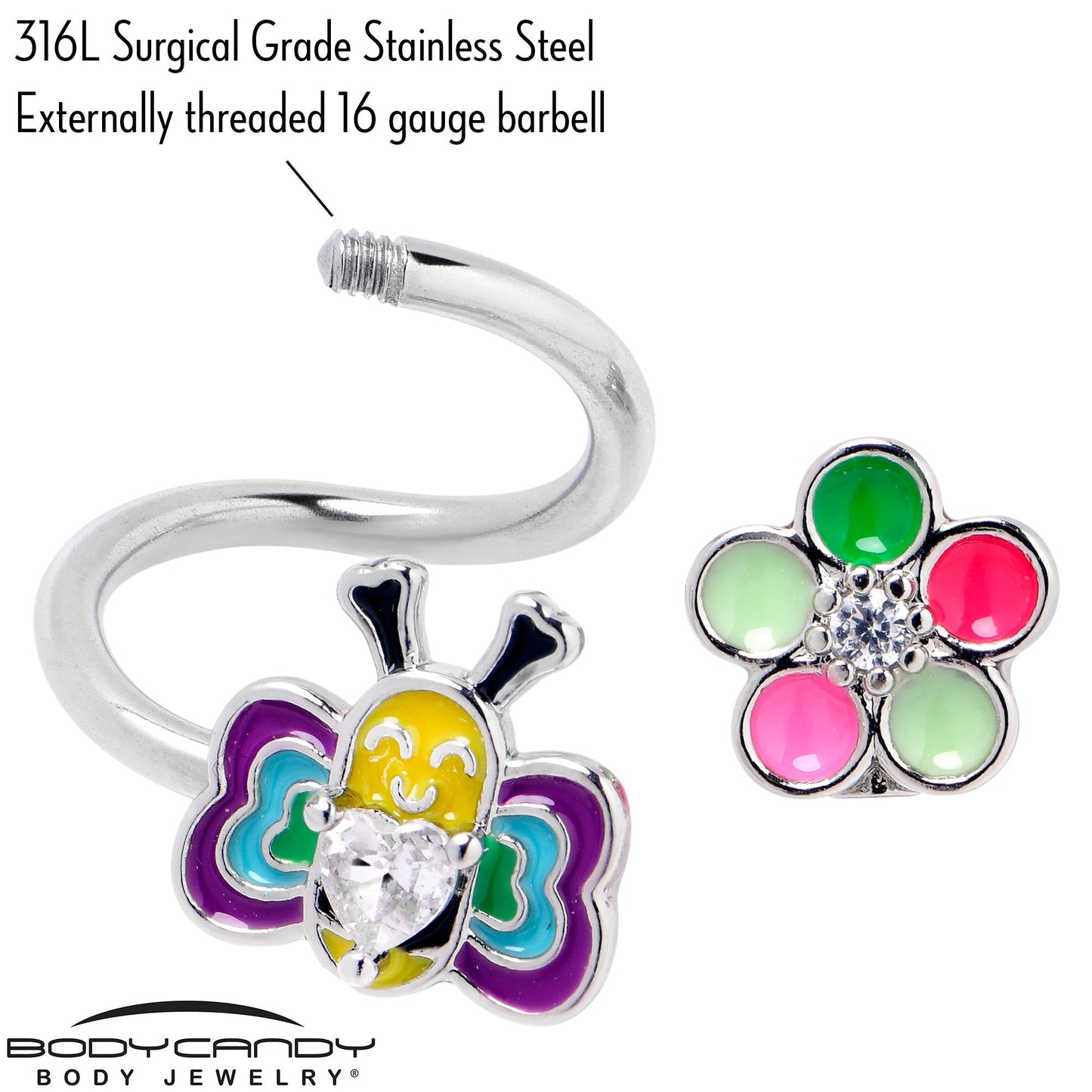 14G 3/8 Clear CZ Gem Butterfly Love Bug Spiral Twister Belly Ring