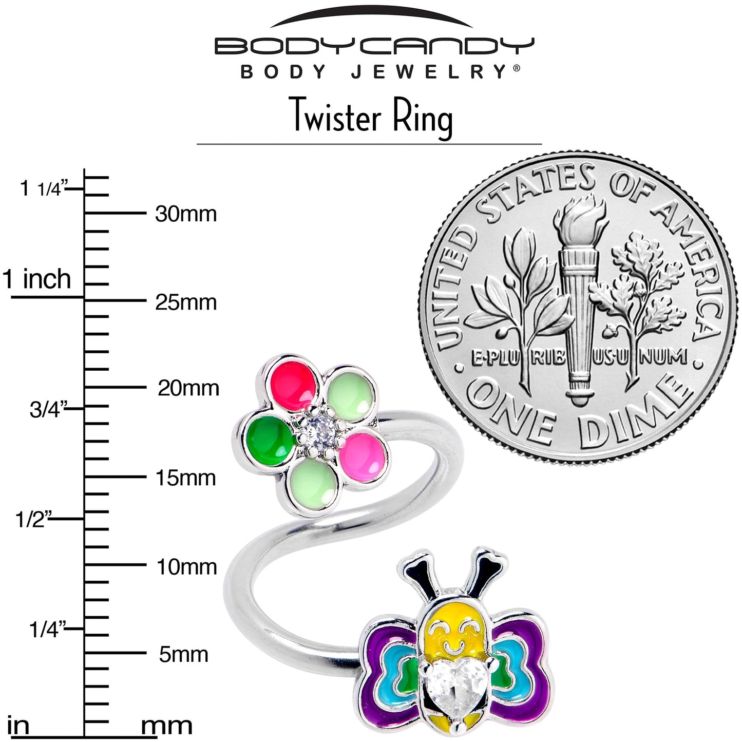 14G 3/8 Clear CZ Gem Butterfly Love Bug Spiral Twister Belly Ring