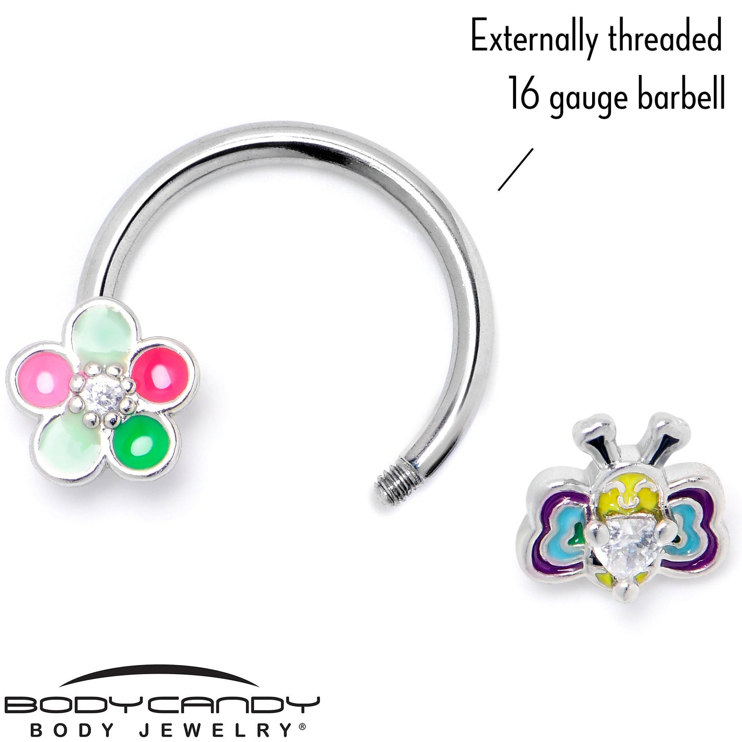 16G 3/8 Clear CZ Gem Butterfly Love Bug Horseshoe Circular Barbell