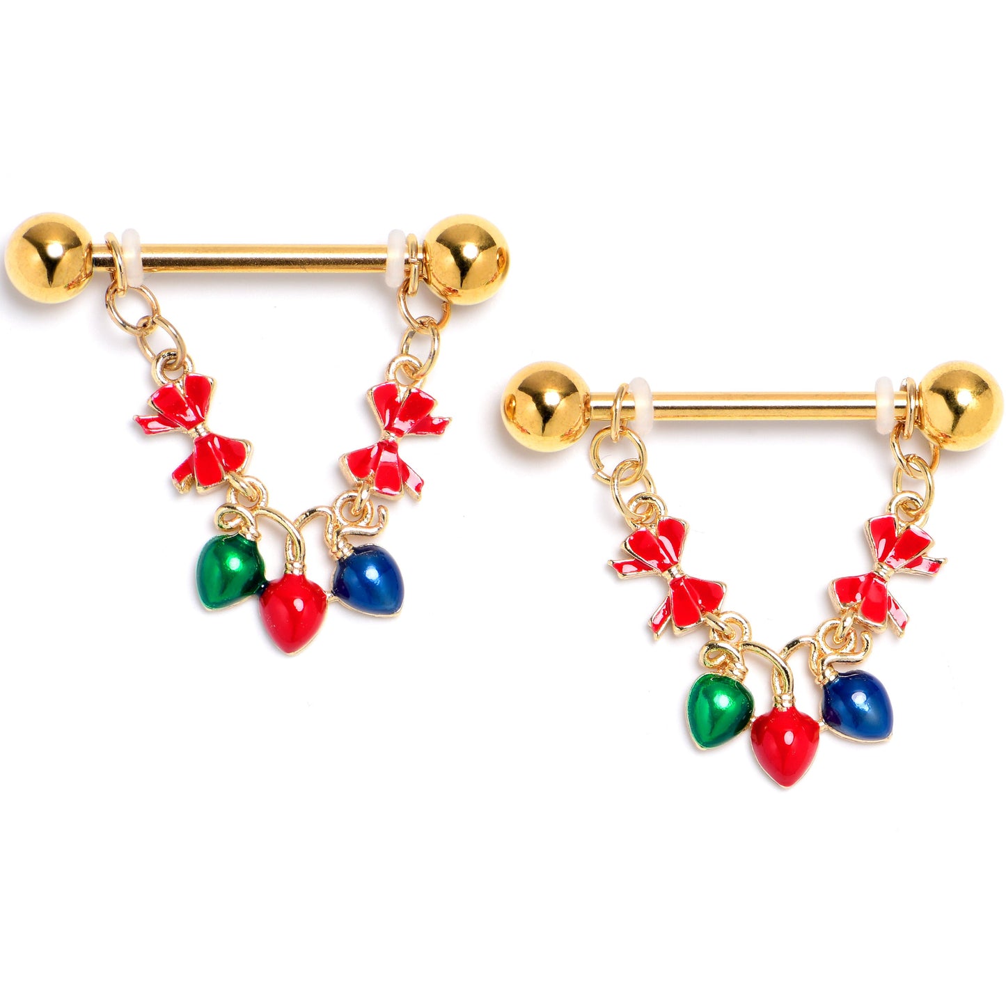 14G 9/16 Gold Tone Festive Bulbs Christmas Dangle Nipple Ring Set