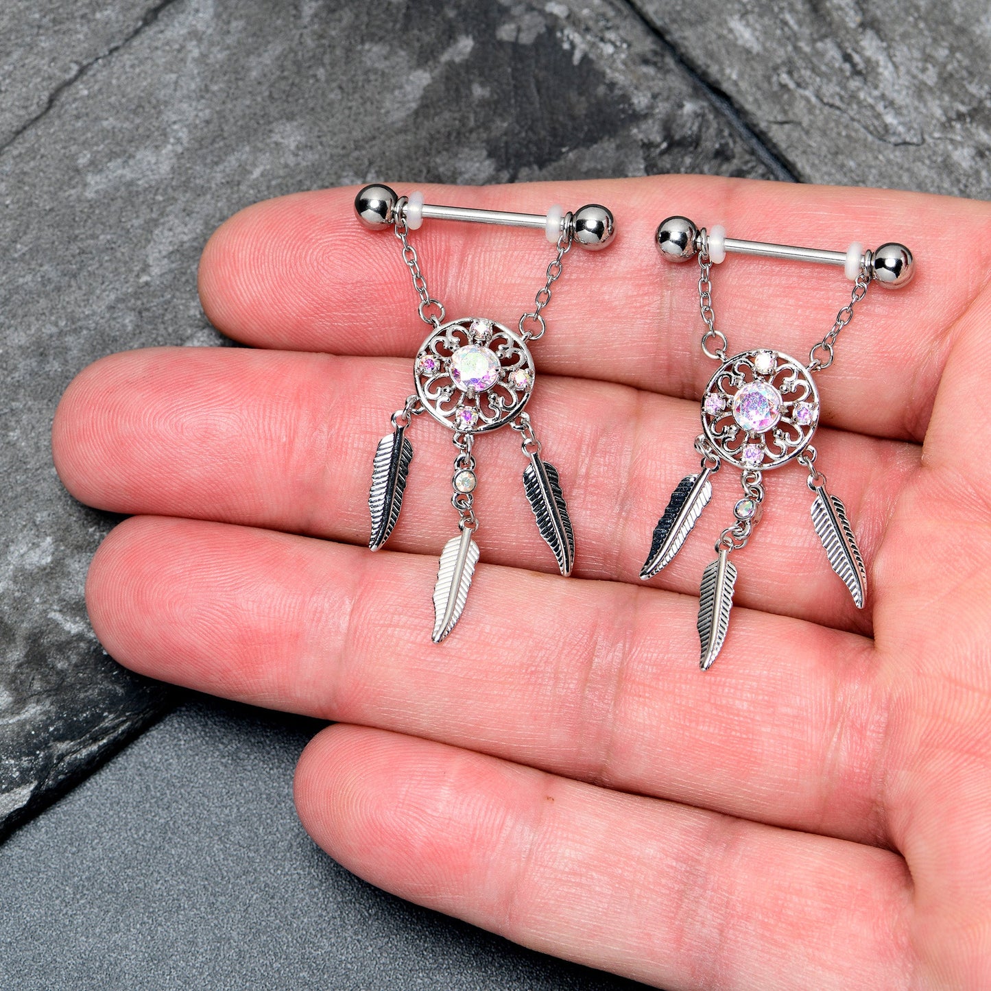 14G 9/16 Aurora CZ Gem Dreamcatcher Dangle Nipple Ring Set