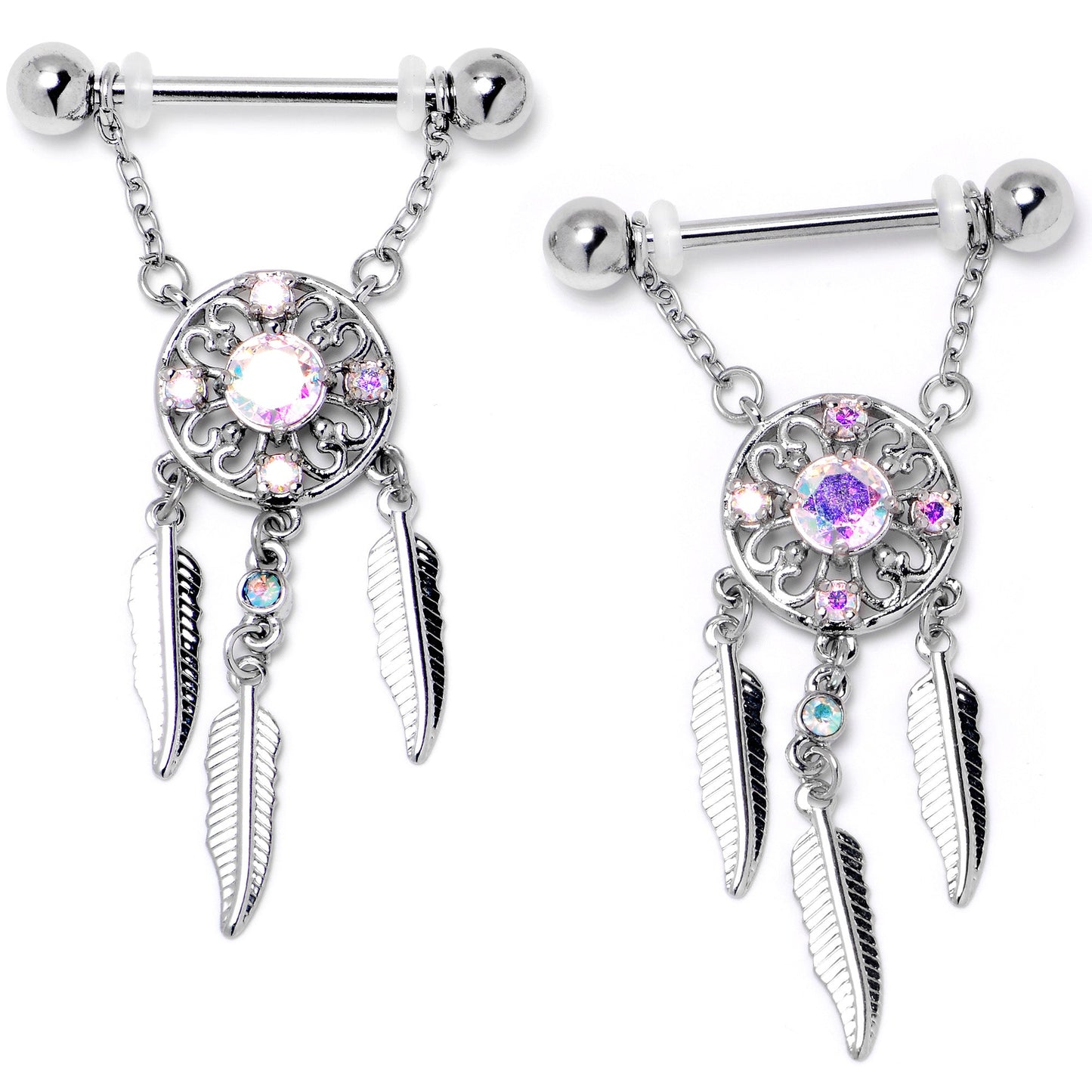 14G 9/16 Aurora CZ Gem Dreamcatcher Dangle Nipple Ring Set