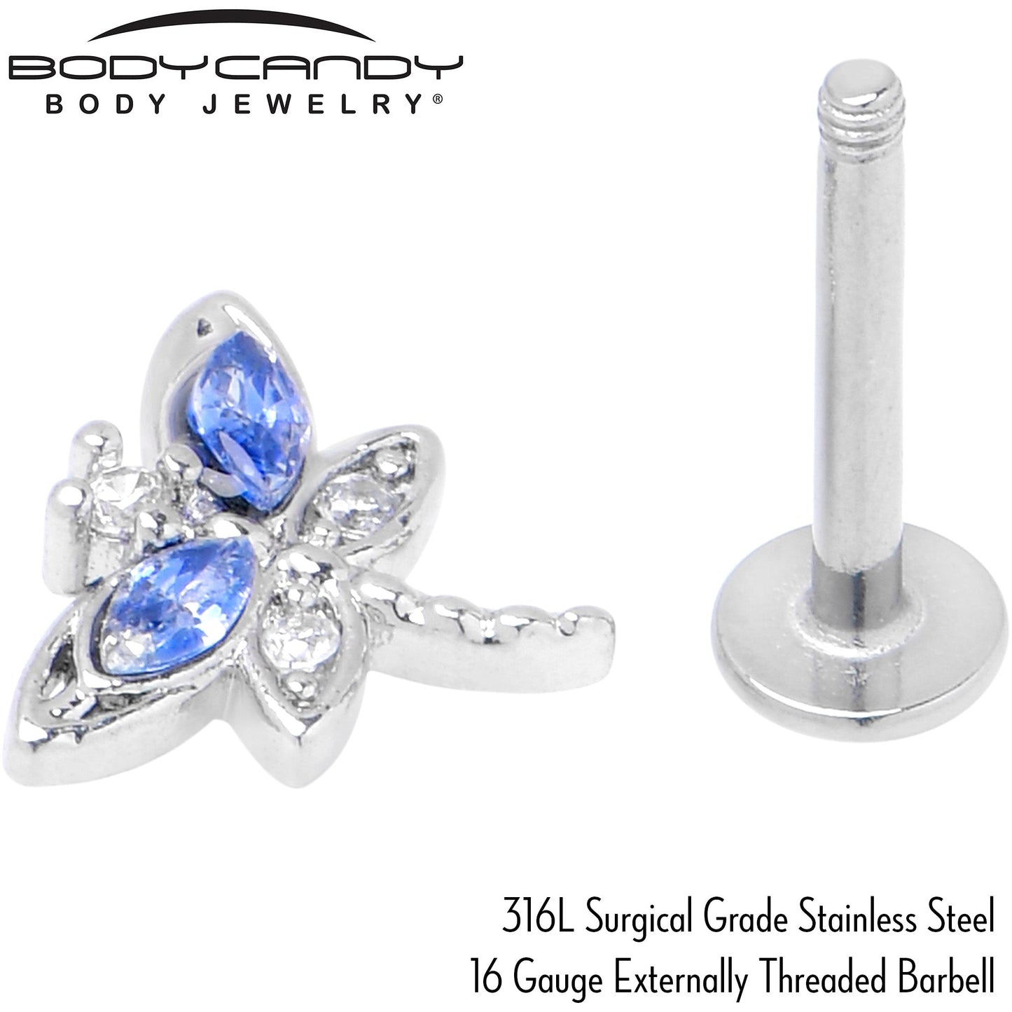 16G 5/16 Blue CZ Gem Dragonfly Style Labret Monroe Tragus
