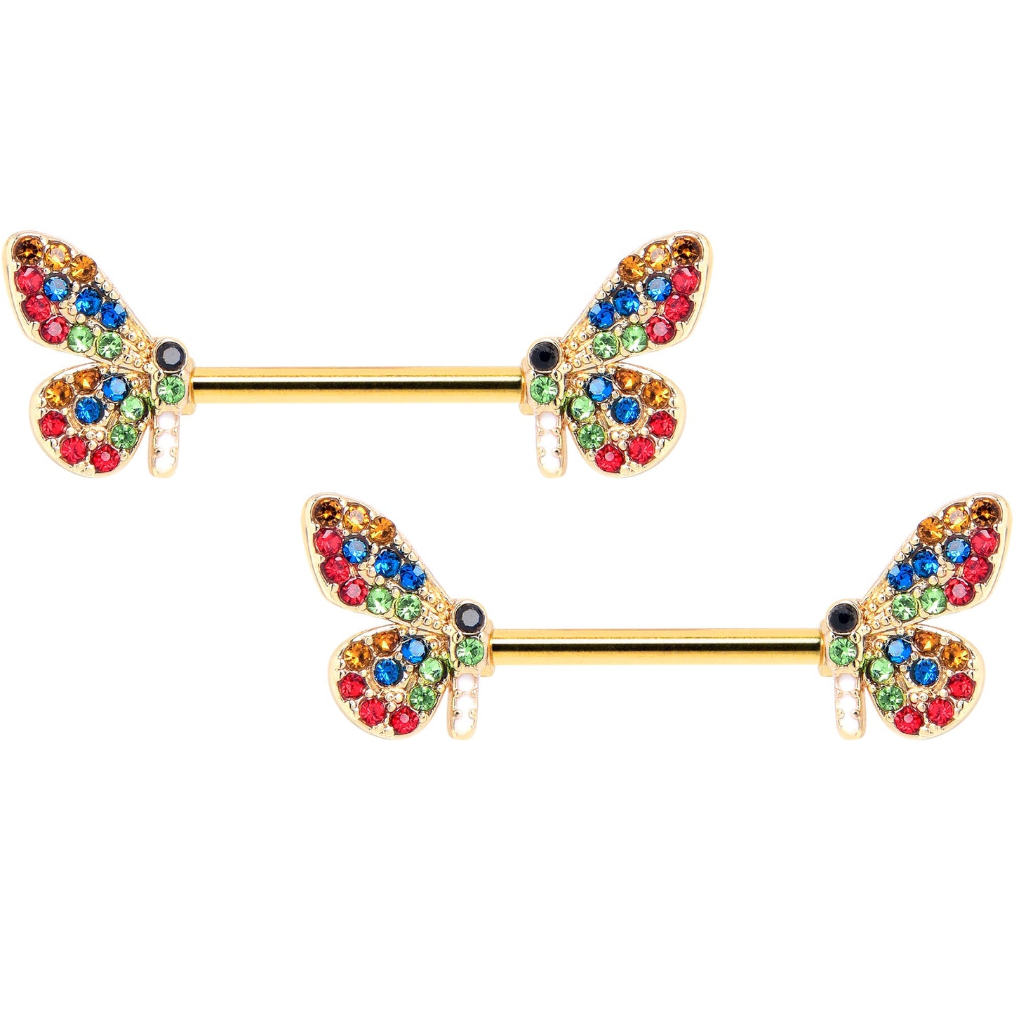 14G 9/16 Red Blue Gem Gold Tone Butterfly Barbell Nipple Ring Set