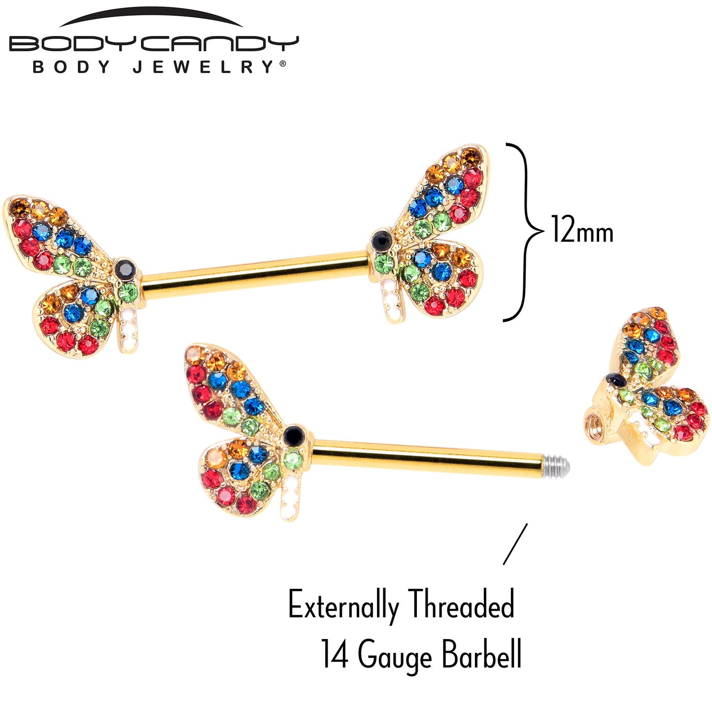 14G 9/16 Red Blue Gem Gold Tone Butterfly Barbell Nipple Ring Set