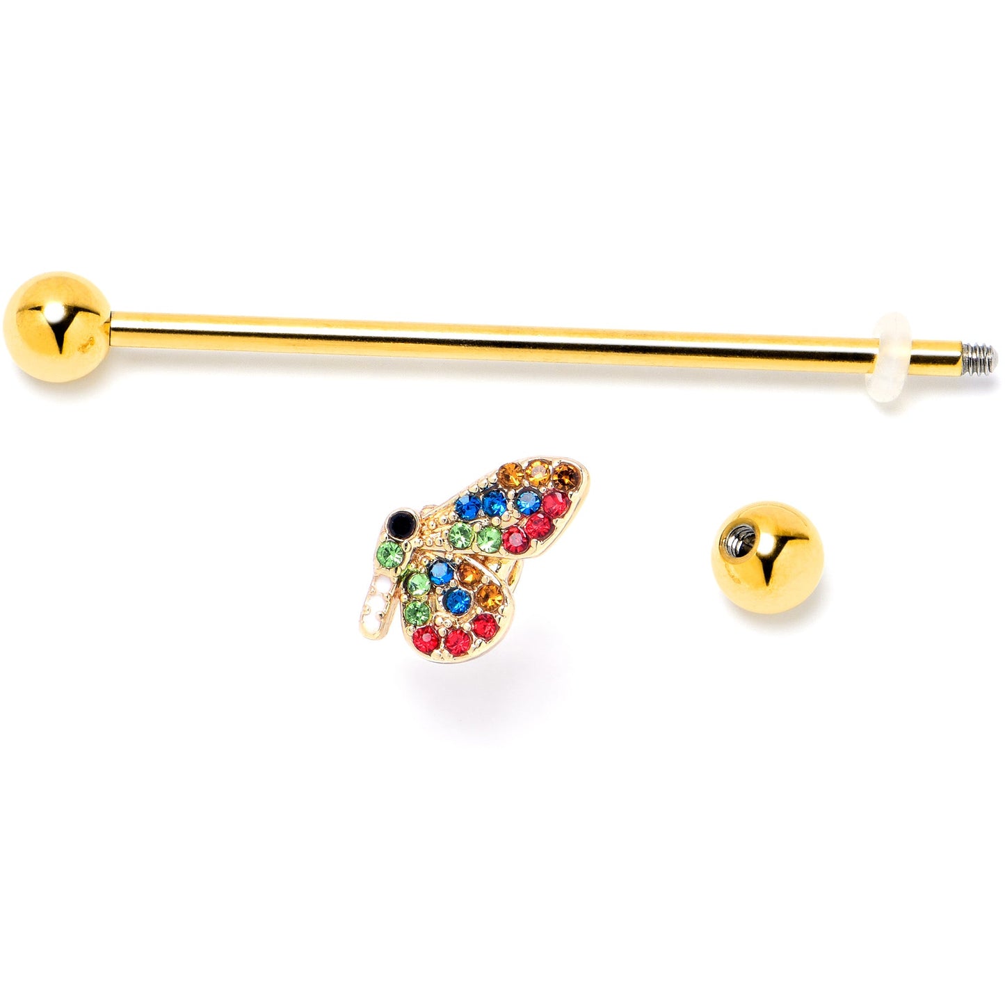 14G Red Blue Gem Gold Tone Butterfly Industrial Barbell 38mm