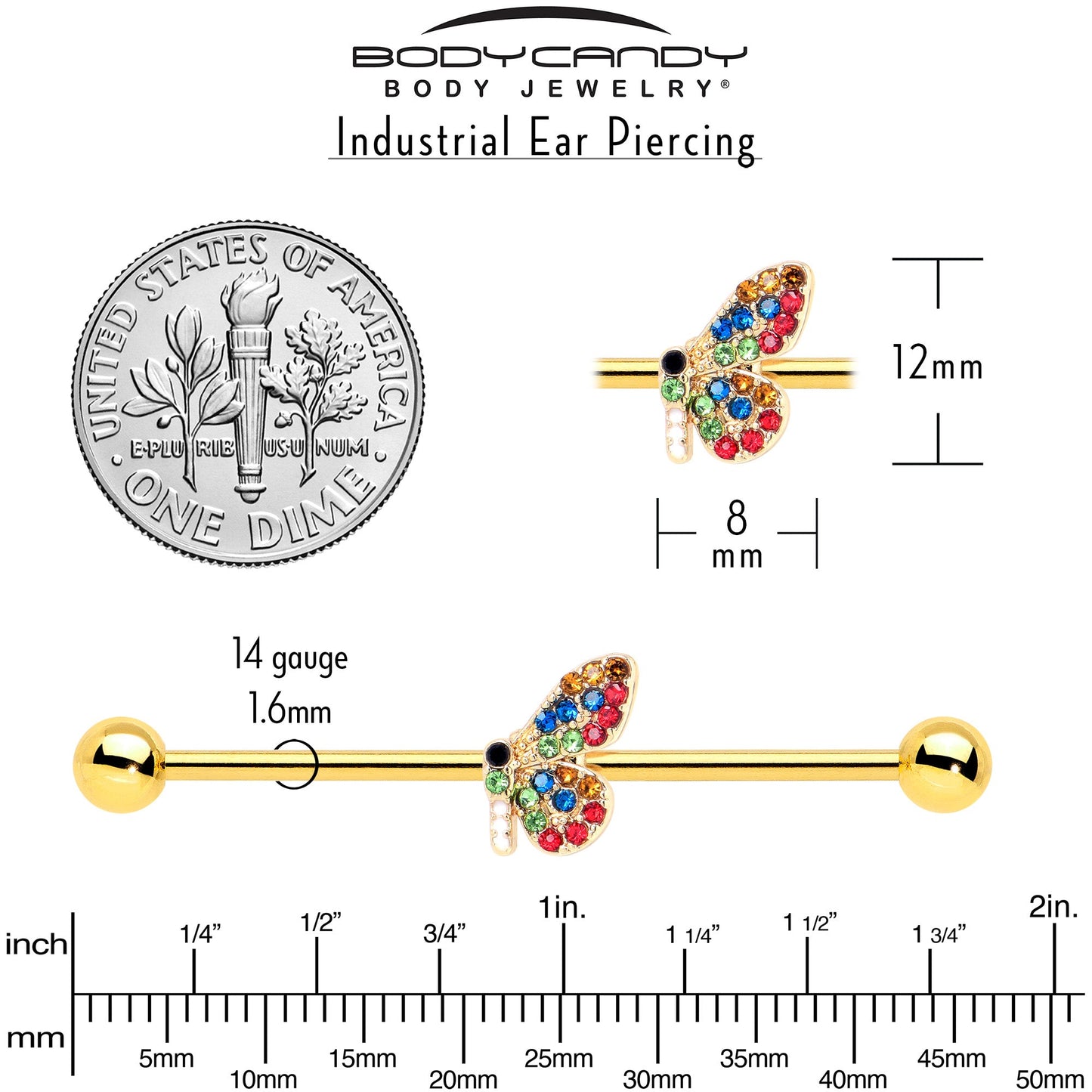 14G Red Blue Gem Gold Tone Butterfly Industrial Barbell 38mm