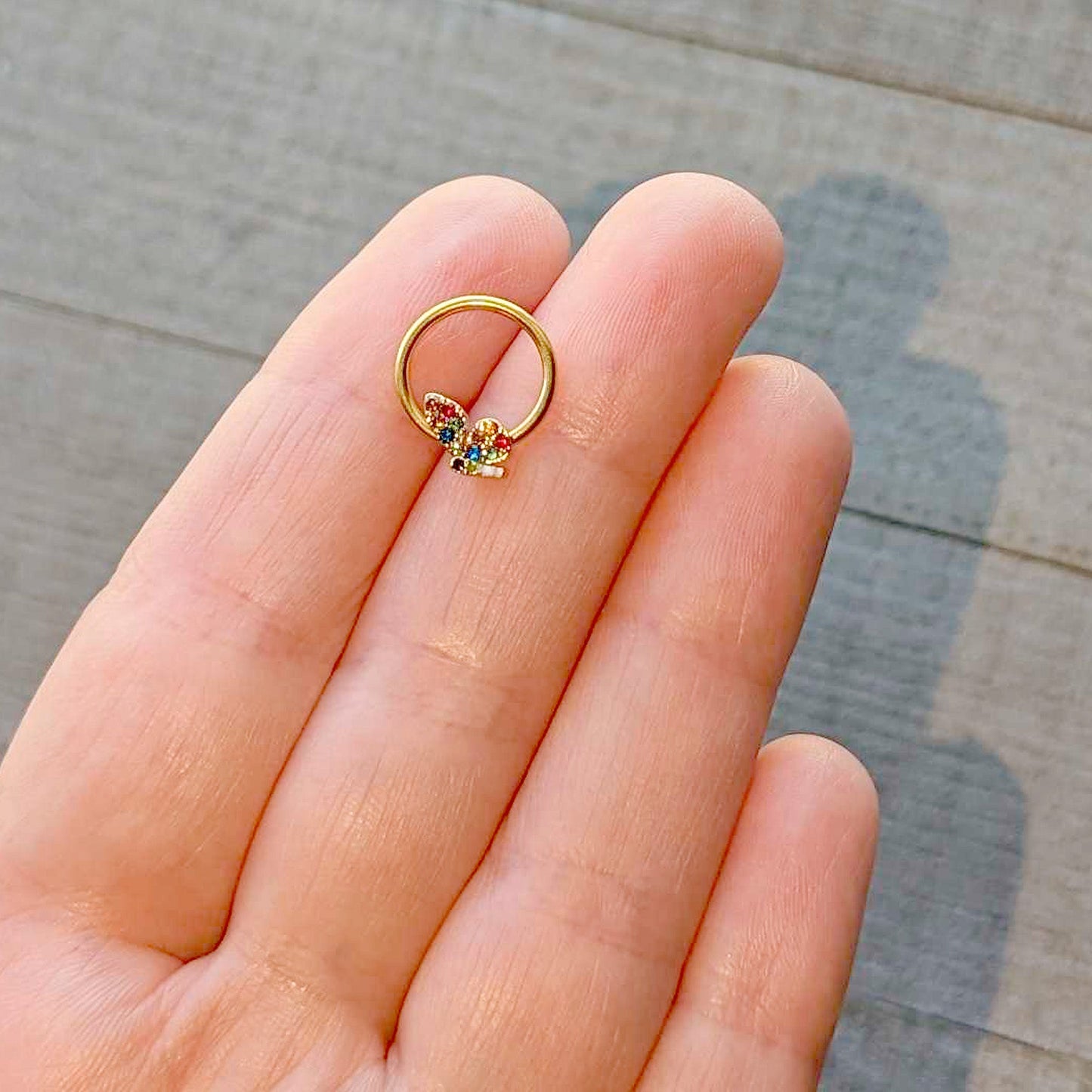 16G 3/8 Red Blue Gem Gold Tone Butterfly BCR Captive Ring