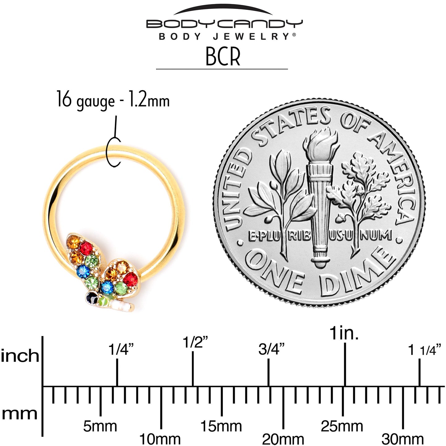 16G 3/8 Red Blue Gem Gold Tone Butterfly BCR Captive Ring