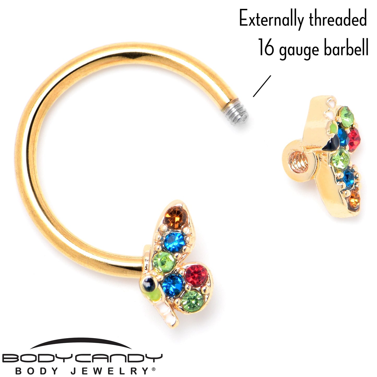 16G 3/8 Red Blue Gem Gold Hue Butterfly Horseshoe Circular Barbell