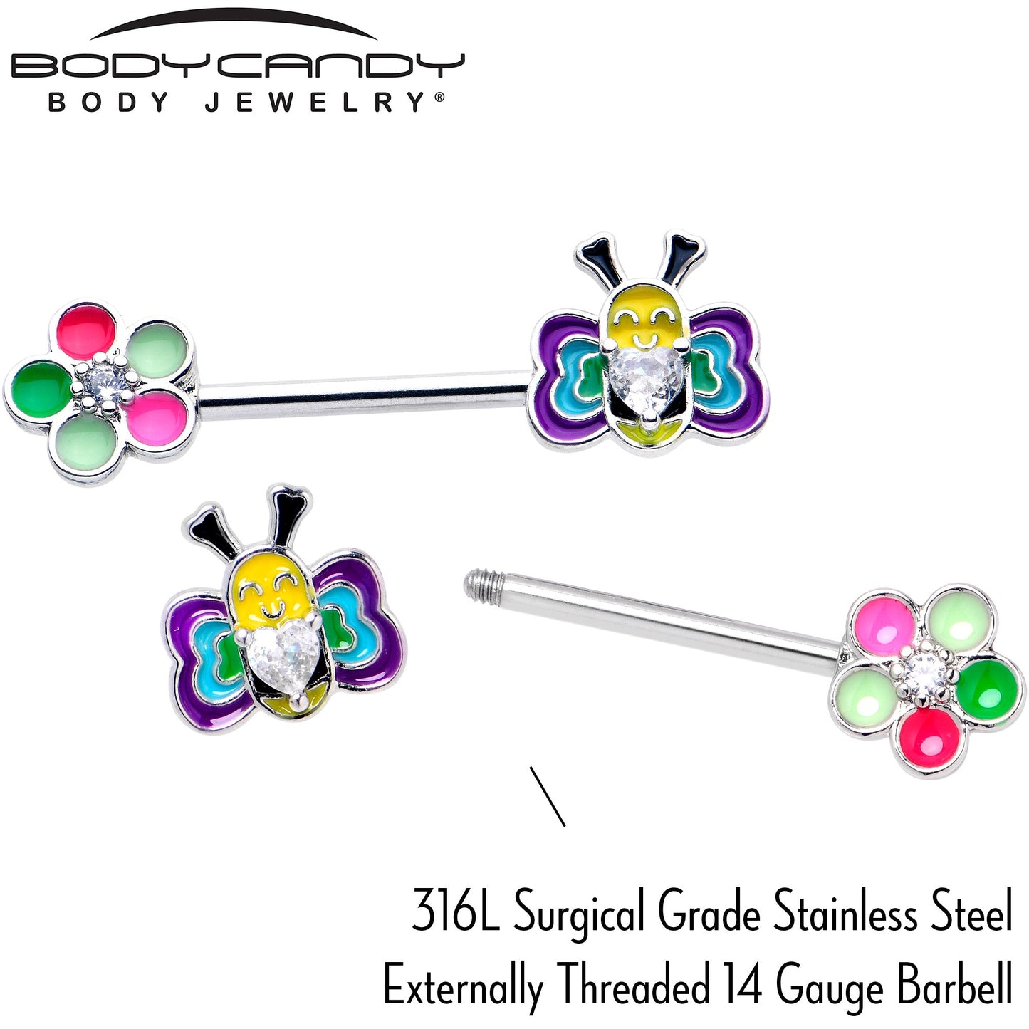 14G 9/16 Clear CZ Gem Butterfly Love Bug Barbell Nipple Ring Set