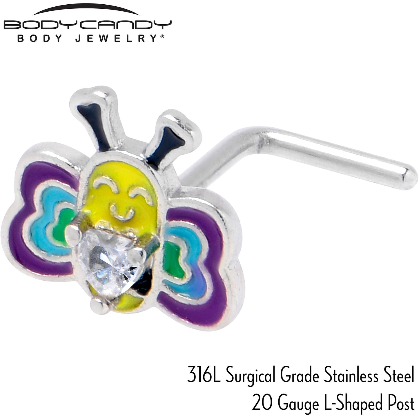 20G 7mm Clear CZ Gem Butterfly Love Bug L Shape Nose Ring