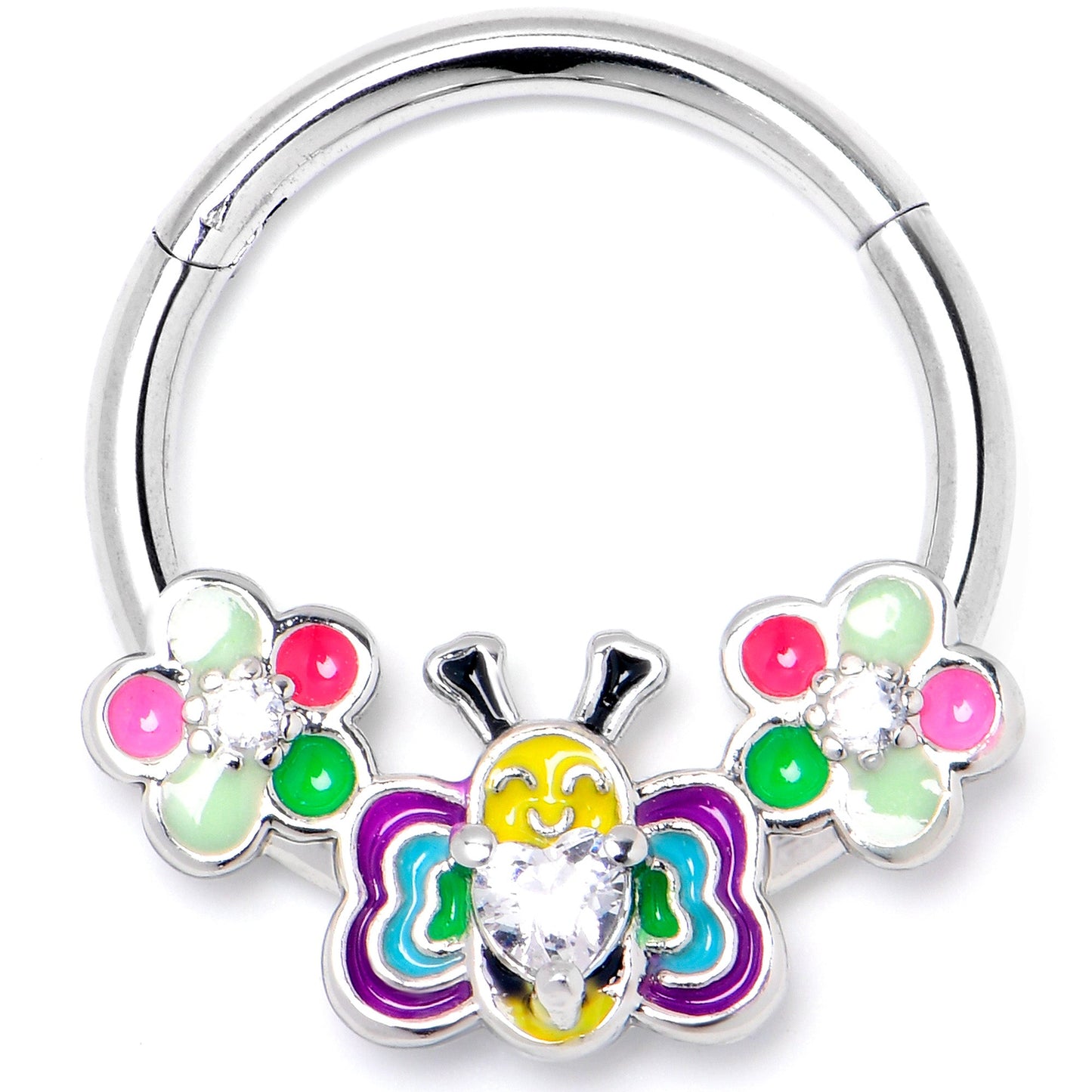 16G 3/8 Clear CZ Gem Butterfly Love Bug Hinged Segment Ring