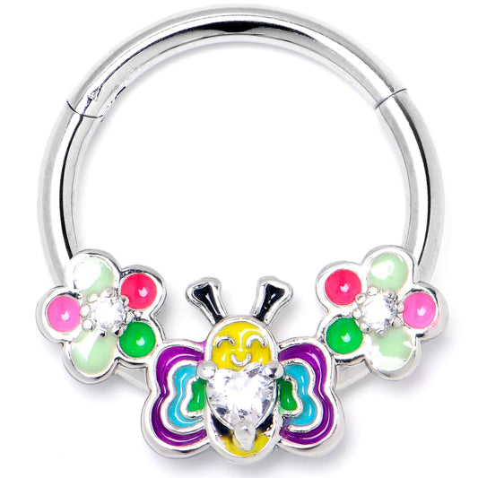 16G 3/8 Clear CZ Gem Butterfly Love Bug Hinged Segment Ring