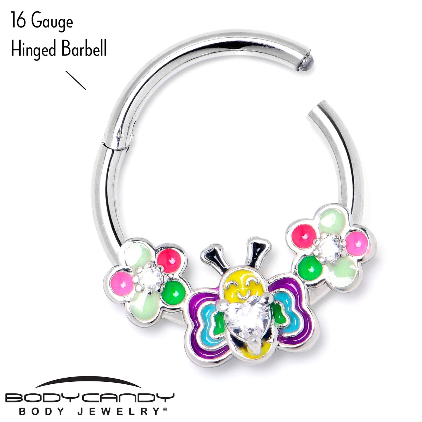 16G 3/8 Clear CZ Gem Butterfly Love Bug Hinged Segment Ring